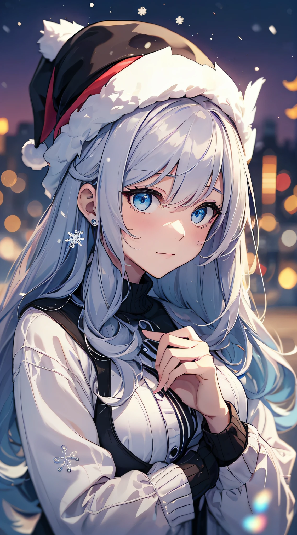 top-quality、Top image quality、masterpiece、s girl((white longcoat、Blue tank top、black trousers、Santa's Hat、18year old、 Ager、Best Bust、big bast,Beautiful light blue eyes, Long silver hair、A slender,Large valleys、dye one's cheeks red、White breath、Reflecting the whole body、jamping、reaching out her hands、dye one's cheeks red、A slight smil、sit a chair、Gentle face、both hands behind back、Shining eyes、Leaning forward)),hiquality、Beautiful Art、Background with(( A quiet city at night、Beautiful road、snowflakes falling、Heavy snow falls、snowman、 A world where snow piles up、Christmas tree、)))、masutepiece、depth of fields,