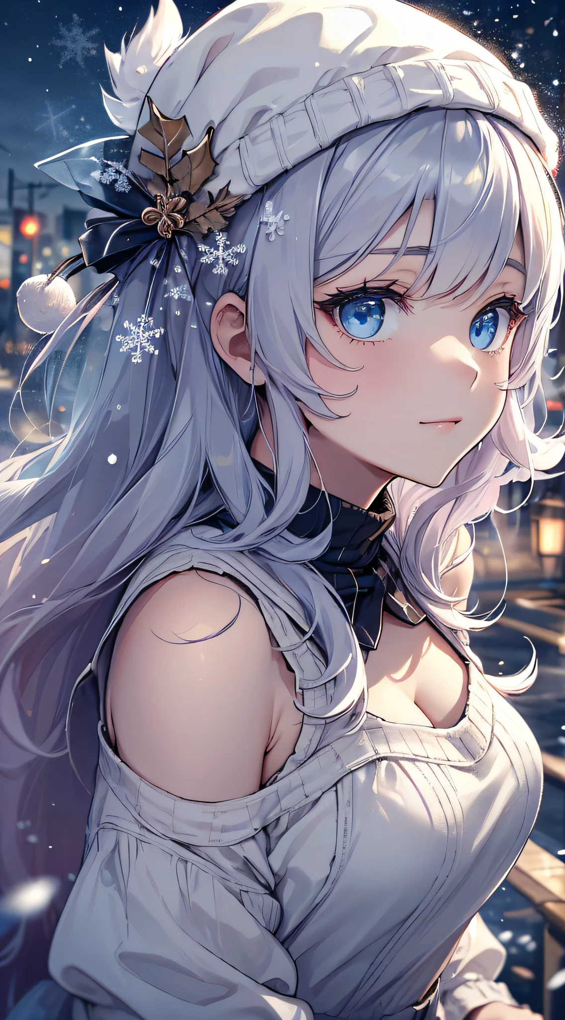 top-quality、Top image quality、masterpiece、teens girl((white longcoat、Blue tank top、black trousers、Santa's Hat、18year old、 Ager、Best Bust、big bast,Beautiful light blue eyes, Long silver hair、A slender,Large valleys、dye one's cheeks red、White breath、Reflecting the whole body、jamping、reaching out her hands、dye one's cheeks red、A slight smil、sit a chair、Gentle face、both hands behind back、Shining eyes、Leaning forward)),hiquality、Beautiful Art、Background with(( A quiet city at night、Beautiful road、snowflakes falling、Heavy snow falls、snowman、 A world where snow piles up、Christmas tree、)))、masutepiece、depth of fields,