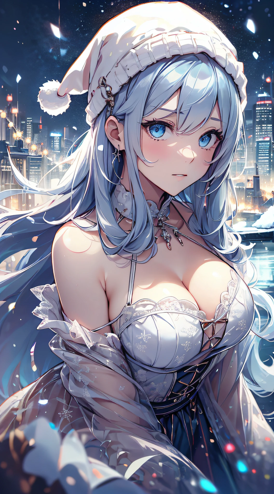 top-quality、Top image quality、​masterpiece、s girl((white longcoat、Blue tank top、black trousers、Santa's Hat、18year old、 Ager、Best Bust、big bast,Beautiful light blue eyes, Long silver hair、A slender,Large valleys、dye one's cheeks red、White breath、Reflecting the whole body、jamping、reaching out her hands、dye one's cheeks red、A slight smil、sit a chair、Gentle face、both hands behind back、Shining eyes、Leaning forward)),hiquality、Beautiful Art、Background with(( A quiet city at night、Beautiful road、snowflakes falling、Heavy snow falls、snowman、 A world where snow piles up、Christmas tree、)))、masutepiece、depth of fields,