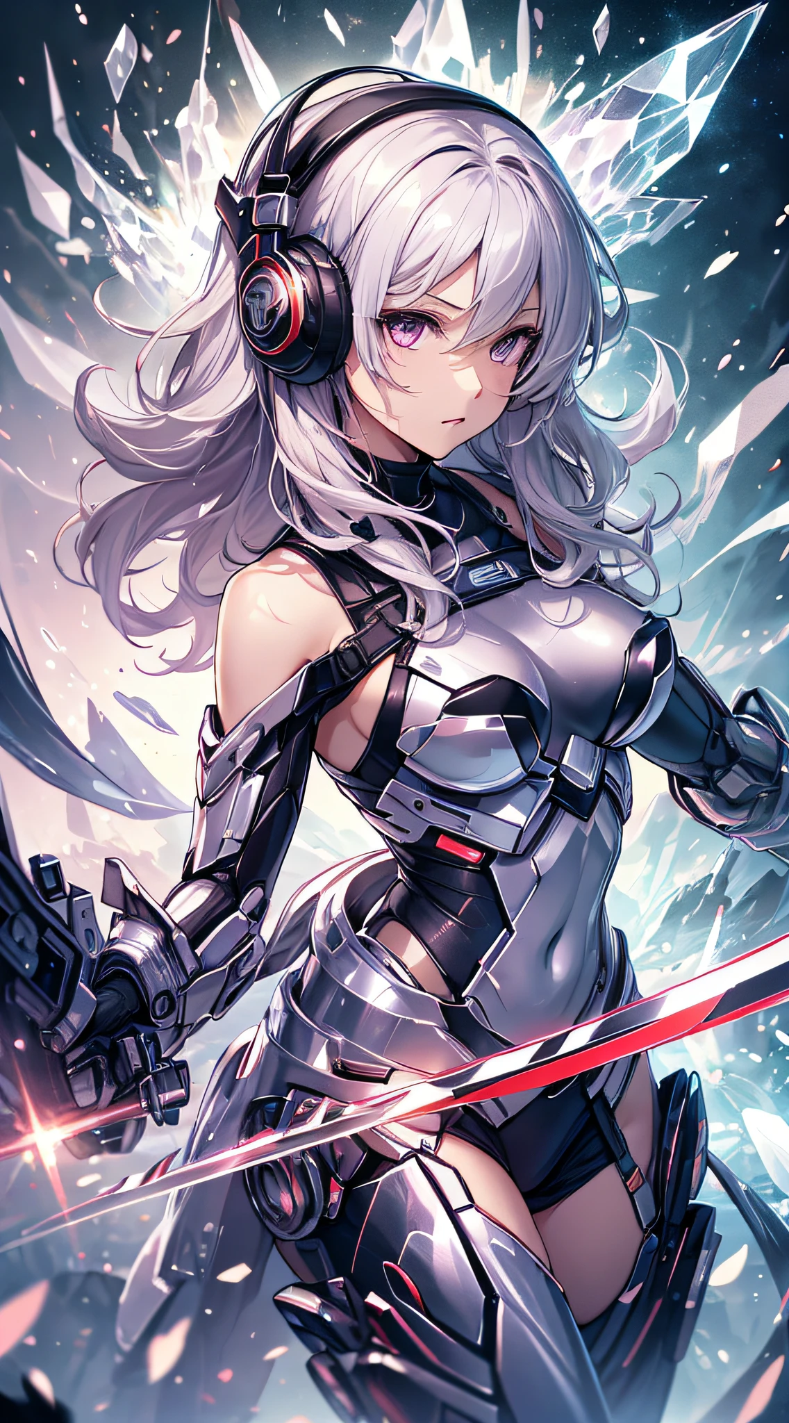 top-quality、Top image quality、​masterpiece、girl with((silver mecha suit、Shining gold mech suit、18year old、 Ager、cute little、Best Bust、big bast,Beautifully shining purple eyes open wide, Messy silver hair、Longhaire、A slender,big moves in volleyball,sharp claws、Equipped with a shield on the right arm、headphones with sword in left hand、fighting poses、running splatter)),hiquality、Beautiful Art、Background with((A world of shining galaxies、karo)))、,masutepiece、depth of fields,Cinematic style
