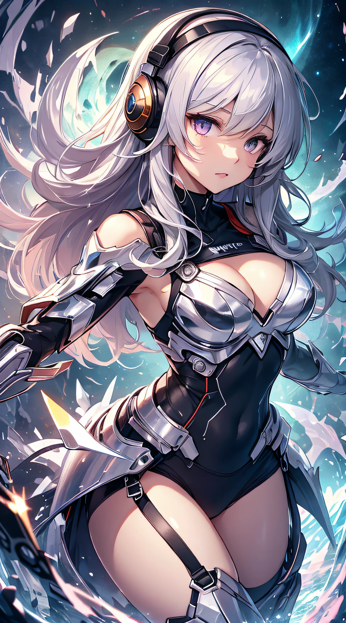 top-quality、Top image quality、masterpiece、girl with((silver mecha suit、Shining gold mech suit、18year old、 Ager、cute little、Best Bust、big bast,Beautifully shining purple eyes open wide, Messy silver hair、Longhaire、A slender,big moves in volleyball,sharp claws、Equipped with a shield on the right arm、headphones with sword in left hand、fighting poses、running splatter)),hiquality、Beautiful Art、Background with((A world of shining galaxies、karo)))、,masutepiece、depth of fields,Cinematic style
