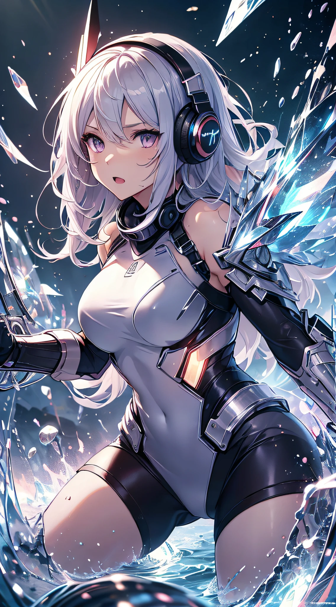 top-quality、Top image quality、masterpiece、girl with((White suit、glowing mechanic suit、18year old、teen ager、cute little、Best Bust、big bast,Beautiful shining purple eyes、Breasts wide open, a blond、Longhaire、A slender,Large valleys、belligerent movements,sharp claws、With sniper rifle、head phone、black bright wings、fighting poses、being filmed、splatters、Feeling of sprinting)),hiquality、Beautiful Art、Background with((Space Battlefield)))、Depth(planet earth),masutepiece、depth of fields,Cinematic style
