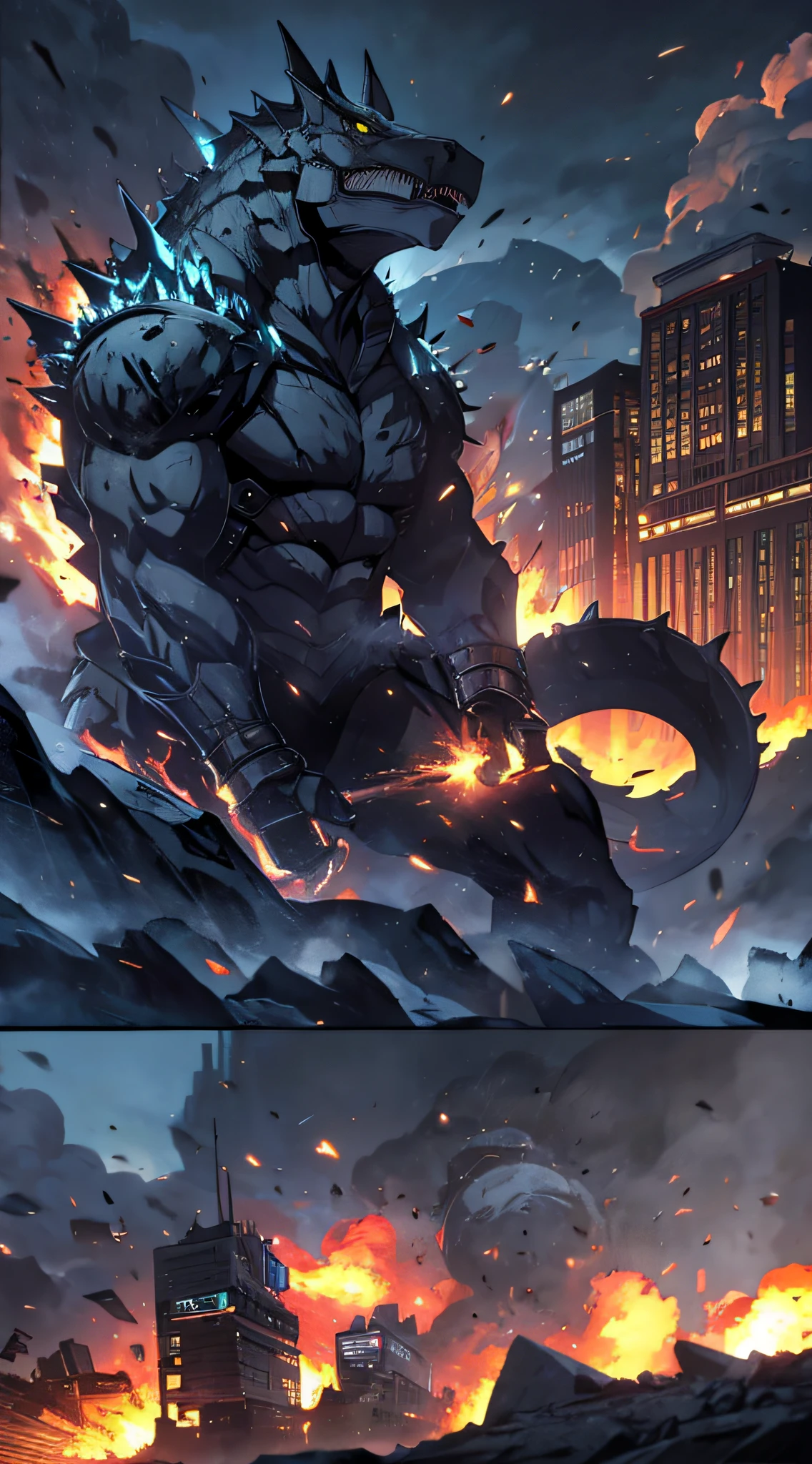 1 men, Kafka Hibino transformed into kaiju, dark blue skin with red lines, eyes glowing red, Large antlers, stout muscles, imposing posture, roaring, Destroyed city background, wall-paper, cinematic