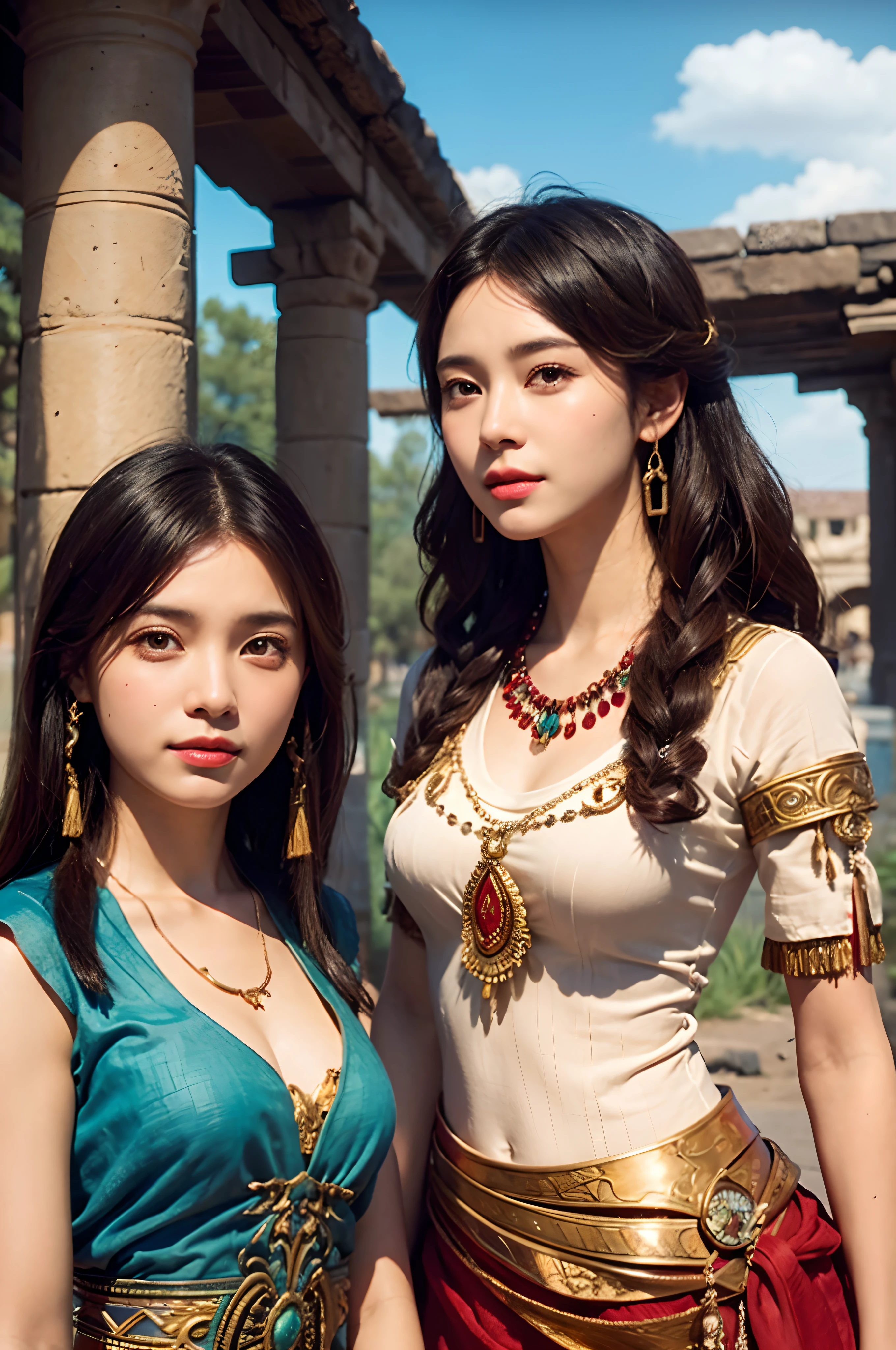 The ratio is the same for all races, Every face and photo must be different., High Quality, A hyper-realistic, Closeup portrait of two beautiful women from ancient Mesopotamia,Li Ling:1.4,Dynamic Pose, ancient mesopotamian civilization, Babylonia, Uruk, Tunics of various lengths, linen clothing, agate necklace,translucent paisley clothing, Kaunakes, bronze porcelain, little smile, high adobe wall, Lumism, 3d rendered, octan render, films, Isometric, awesome full color, 8k Ultra HD, Written by Yukisakura, high detailed,