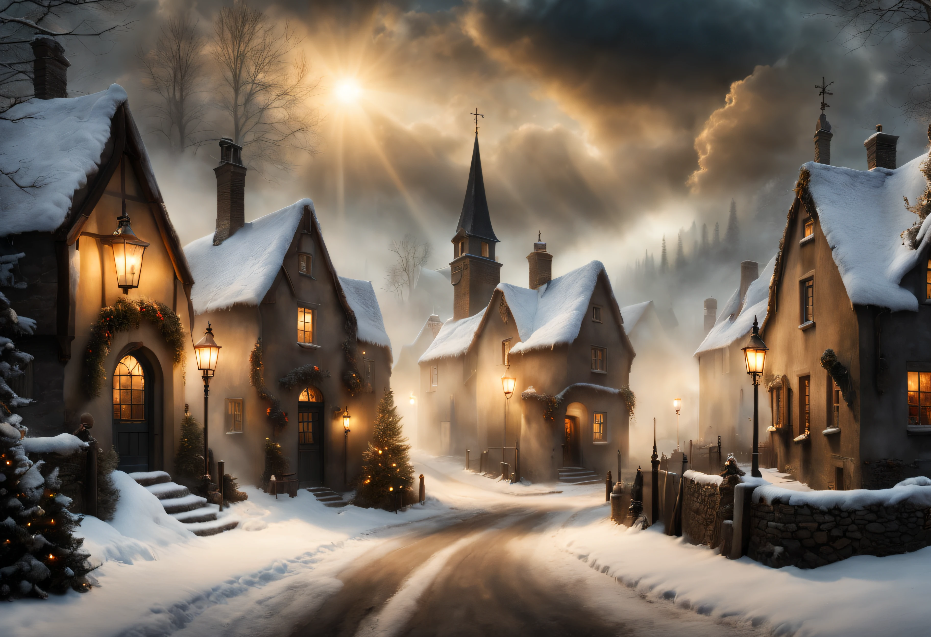 Hyperrealistic christmas landscape photo of a village covered with snow in the ethereal mist, where fairytales come alive, people singing christmas carols, christmas tree, street lanterns, few houses with illuminated windows, smokey chimneys, Trapped within the echoes of forgotten spells, A. B. Jackson, Alan Lee, vivid colors, snowy sky, sun beams, extremely high-resolution details, photographic, realism pushed to extreme, fine texture, incredibly lifelike, masterpiece, best quality, photograph, dreamlike, face focus, intricate details, sharp focus, photography, photorealism, photorealistic, 8k, soft focus, volumetric light, eldritch, (intricate details), (hyperdetailed), 8k hdr, high detailed, lot of details, high quality, soft cinematic light, dramatic atmosphere, atmospheric perspective, wide