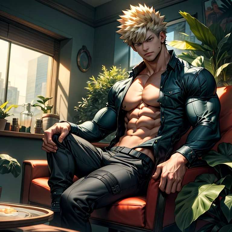 (best quality,4k,8k,highres,masterpiece:1.2),ultra-detailed,realistic:1.37,Bakugou Katsuki sitting inside a terrarium,open shirt,looking at viewer,full body,detailed handsome face,muscular body,abs and pecs,sharp focus,vivid colors,glass enclosure,plants and mosses surrounding him,relaxed personality,strong gaze,powerful posture,intense lighting,captivating calm expression,lively and epic scene,heroic aura,stylized background,striking visual impact,determined appearance,fashionable clothing,meticulously rendered details,muscle definition emphasized,impressive physique,attention-grabbing presence,warm and vibrant color palette,dramatic shadows and highlights,underlying sense of power