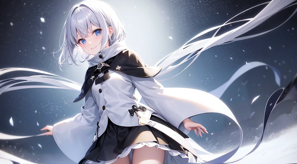 Look at viewers, hands behind back, girl with, 20 years old, Very short hair, long bangs between eyes, pale blue eyes, Skirt , 独奏、White hair、Black eyes、A smile、White skin as clear as snow、Fantastical, Silver hair, Black eyes, White hoodie,a black skirt,Hair is short,Fine details,snowscape,White muffler