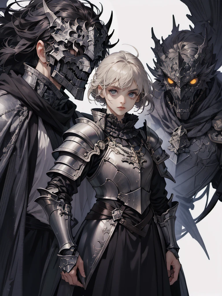 detailed game character art、((Best Quality)), ((masutepiece)), (Sharp Focus),Perfect face,Looking at Viewer, Portrait, Talk to your audience, fantasy night costume、Black Knight、Dragon motif exterior、(High Detail Gothic Armor:1.8)))、gauntlets、hand armor、 High Quality Illustrations, Deep lines, beautiful  Girl, a small face、de pele branca、、Hyper detail for short hair, ultradetailed eyes, Hyper detail of thin eyebrows, Ultra-dense eyelashes、pleatedskirt