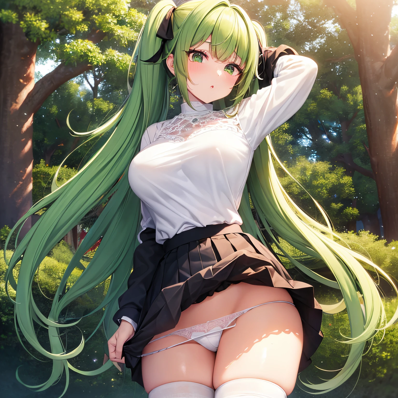 super high quality, 8k, RAW photo, realistic, cute female, light green twintails hair, forehead, full makeup, amorous expression, lewd expression, red tight knit sweater, large breasts, slender proportion, long black shiny iridescent coat with high collar, black miniskirt, (skirt lift white lace panty:1.4), background stairs