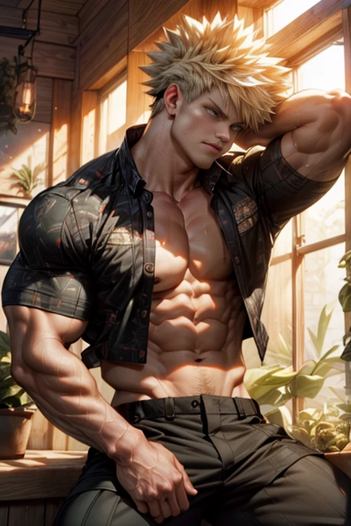 (best quality,4k,8k,highres,masterpiece:1.2),ultra-detailed,realistic:1.37,Bakugou Katsuki sitting inside a terrarium,open shirt,looking at viewer,full body,detailed handsome face,muscular body,abs and pecs,sharp focus,vivid colors,glass enclosure,plants and mosses surrounding him,relaxed personality,strong gaze,powerful posture,intense lighting,captivating calm expression,lively and epic scene,heroic aura,stylized background,striking visual impact,determined appearance,fashionable clothing,meticulously rendered details,muscle definition emphasized,impressive physique,attention-grabbing presence,warm and vibrant color palette,dramatic shadows and highlights,underlying sense of power