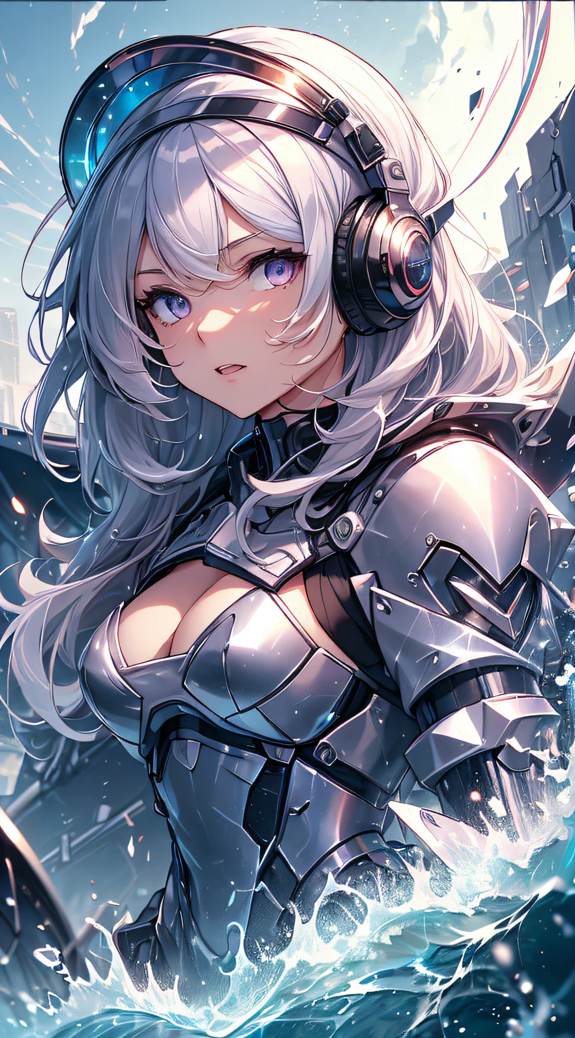 top-quality、Top image quality、masterpiece、girl with((silver mecha suit、Shining gold mech suit、18year old、 Ager、cute little、Best Bust、big bast,Beautifully shining purple eyes open wide, Messy silver hair、Longhaire、A slender,big moves in volleyball,sharp claws、Equipped with a shield on the right arm、He had a sword in his left hand、headphones、fighting poses、funnel、Black visor)),hiquality、Beautiful Art、Background with((A world of shining galaxies、karo)))、,masutepiece、depth of fields,Cinematic style