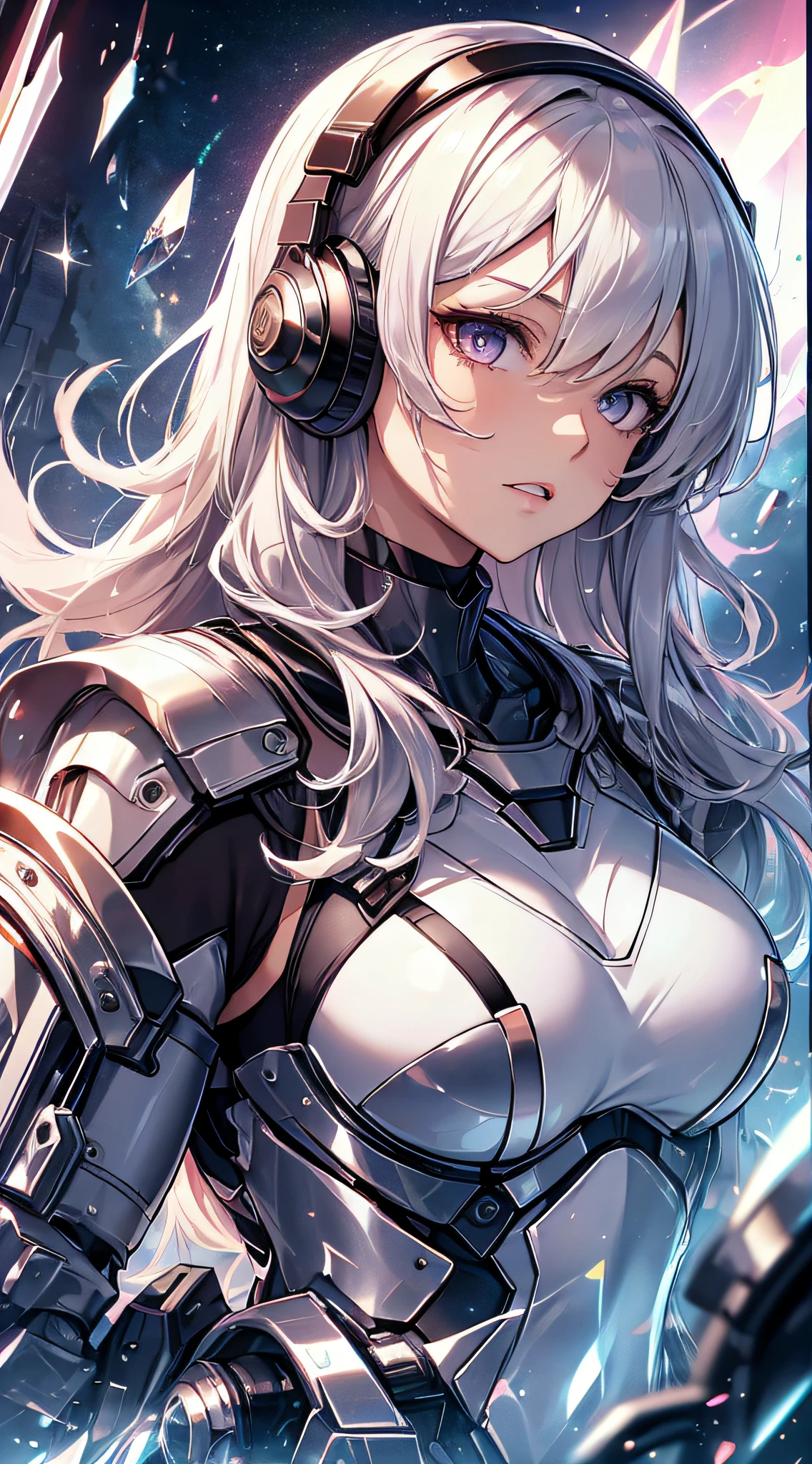 top-quality、Top image quality、​masterpiece、girl with((silver mecha suit、Shining gold mech suit、18year old、 Ager、cute little、Best Bust、big bast,Beautifully shining purple eyes open wide, Messy silver hair、Longhaire、A slender,big moves in volleyball,sharp claws、Equipped with a shield on the right arm、He had a sword in his left hand、headphones、fighting poses、funnel、Black visor)),hiquality、Beautiful Art、Background with((A world of shining galaxies、karo)))、,masutepiece、depth of fields,Cinematic style