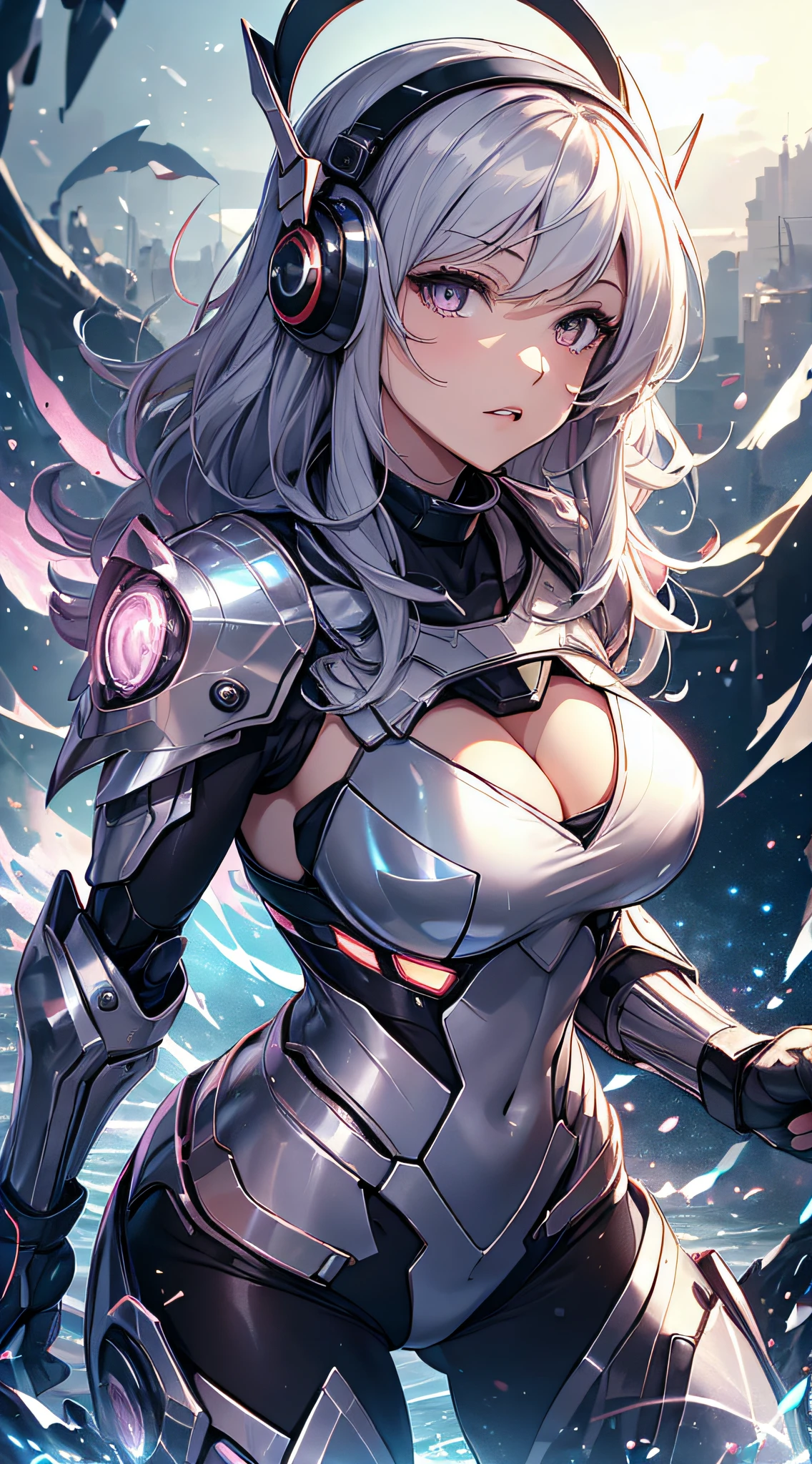 top-quality、Top image quality、​masterpiece、girl with((silver mecha suit、Shining gold mech suit、18year old、 Ager、cute little、Best Bust、big bast,Beautifully shining purple eyes open wide, Messy silver hair、Longhaire、A slender,big moves in volleyball,sharp claws、Equipped with a shield on the right arm、He had a sword in his left hand、headphones、fighting poses、funnel、Black visor)),hiquality、Beautiful Art、Background with((A world of shining galaxies、karo)))、,masutepiece、depth of fields,Cinematic style