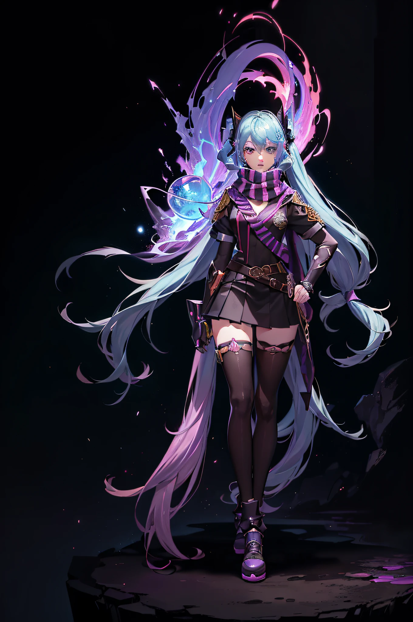 Female characters in League of Legends, Hyper League of Legends art style, void magic student, ((cloaks, Mini skirt, Badge, hand gloves, Belt bag, armlet, scarf)), ((Colorful twin tails, colorful students, striped makeup, Perfect body shape)), (evil aura, vine effect), (Masterpieces, Fantasy World, Hyper-Resolution), Library Background