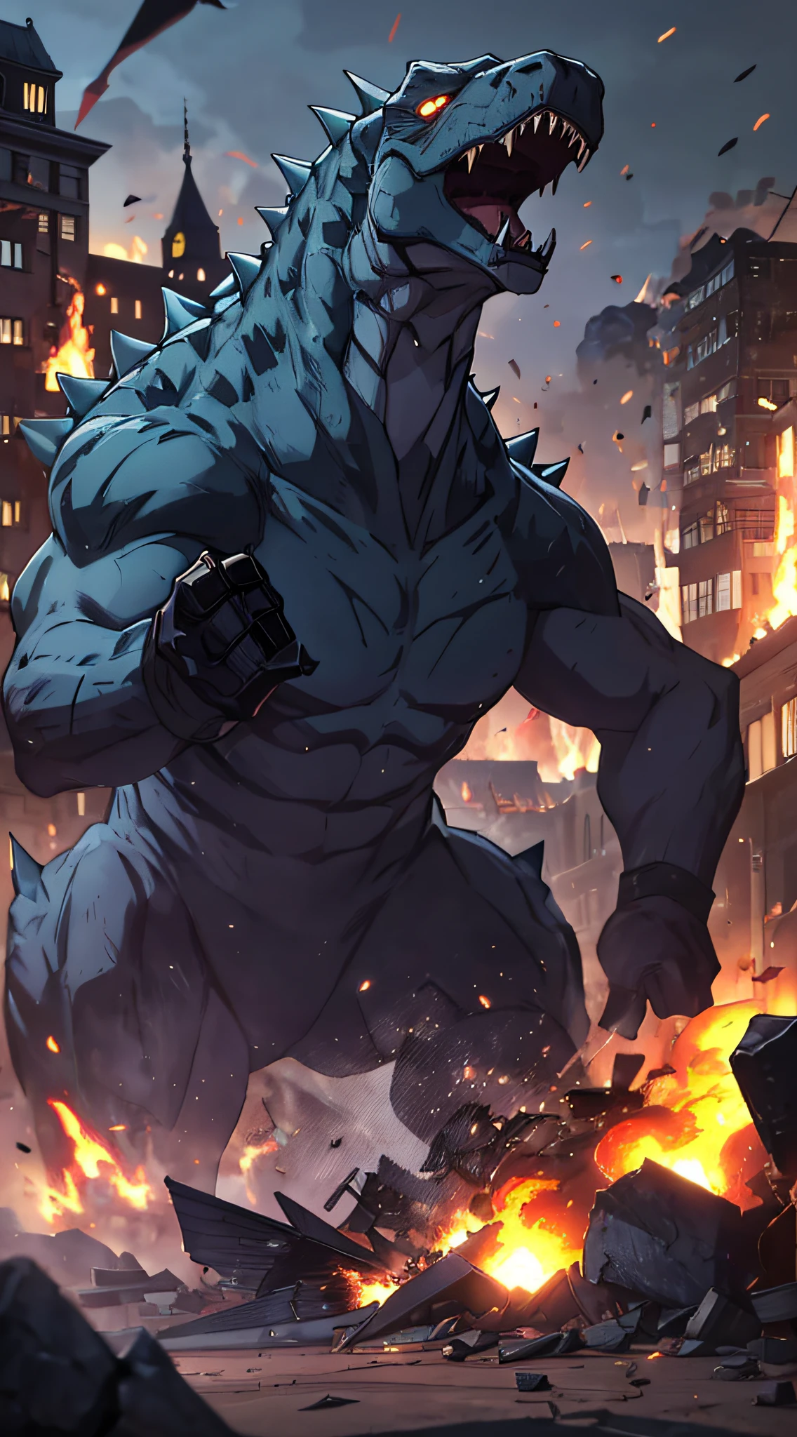 top-quality、Top image quality、masterpiece、creature((black body line、prickly appearance、dinosaur style、Spit fire through the mouth,rampage)),hiquality、Beautiful Art、Background with(( Burning City、collapsed building explosion explosion flight、Combat Tank Station Parts Station)),masutepiece、depth of fields,Cinematic style