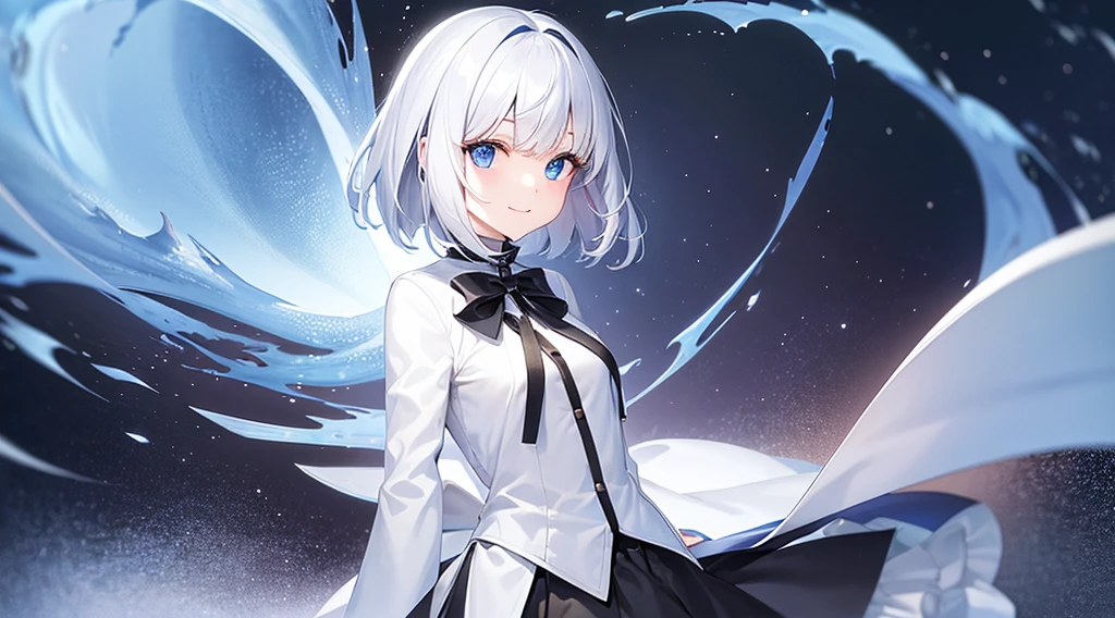 Look at viewers, hands behind back, girl with, 20 years old, Very short hair, long bangs between eyes, pale blue eyes, Skirt , 独奏、White hair、Black eyes、A smile、White skin as clear as snow、Fantastical, Silver hair, Black eyes, White hoodie,a black skirt,Hair is short,Fine details,snowscape,White muffler,blue open sky,from the front side