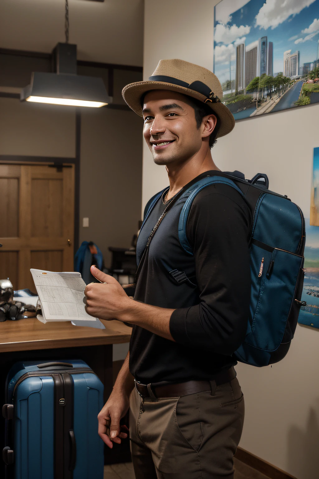 arafed man with a suitcase and hat showing a thumbs up, maps, luggage, with a backpack, a man wearing a backpack, he carrying a black briefcase, holding a briefcase, vacation shirt, hawaii shirt, traveller, traveling clothes, tourist destination, commercial photo ((masterpiece, best photography)), 8k, full shot, 105mm portrait lens, upper body, in camera studio with 3 flash, soft lighting, masterpiece, (blue, black, brown color palette), film grain, Fujifilm XThotorealistic painting art by midjourney and greg rutkowsktanding), smiling, (two man), (talking together), good body posture, david rubin, young, ((one man)), clean room, studio