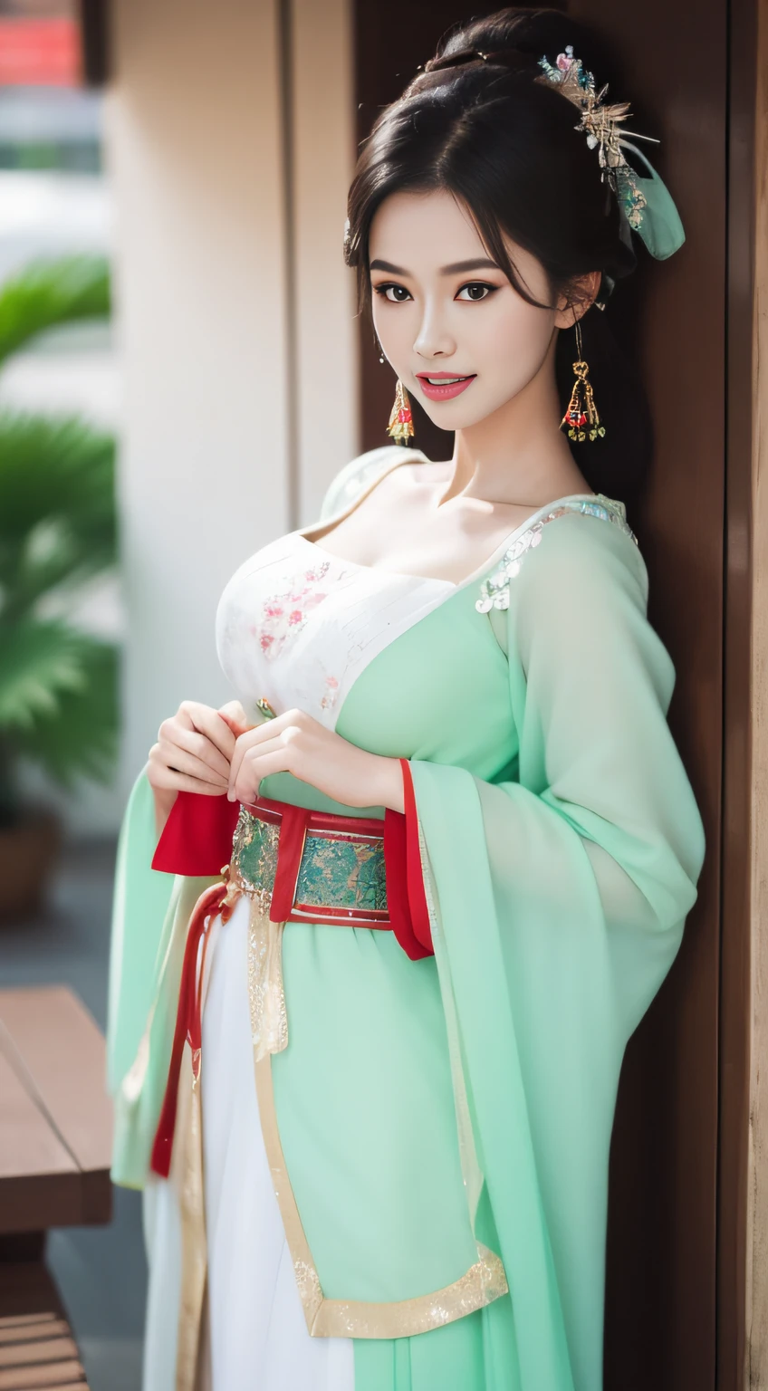 The full body of the Empress outside the Qing Dynasty Palace The view from the front Scenery outside the Qing Dynasty Palace 40 year old Manchu empress Traditional Qing Dynasty hairstyle: the hair is tied back and pulled up, with a large hairpin.Traditional hair has a large double-headed hair ornament with many flowers attached to it. He wears Manchurian clothing with a flashy red flower pattern and opens his clothes with both hands. big breasts breast naked Naked stomach, naked lower abdomen, and thighs Naked figure without water edge