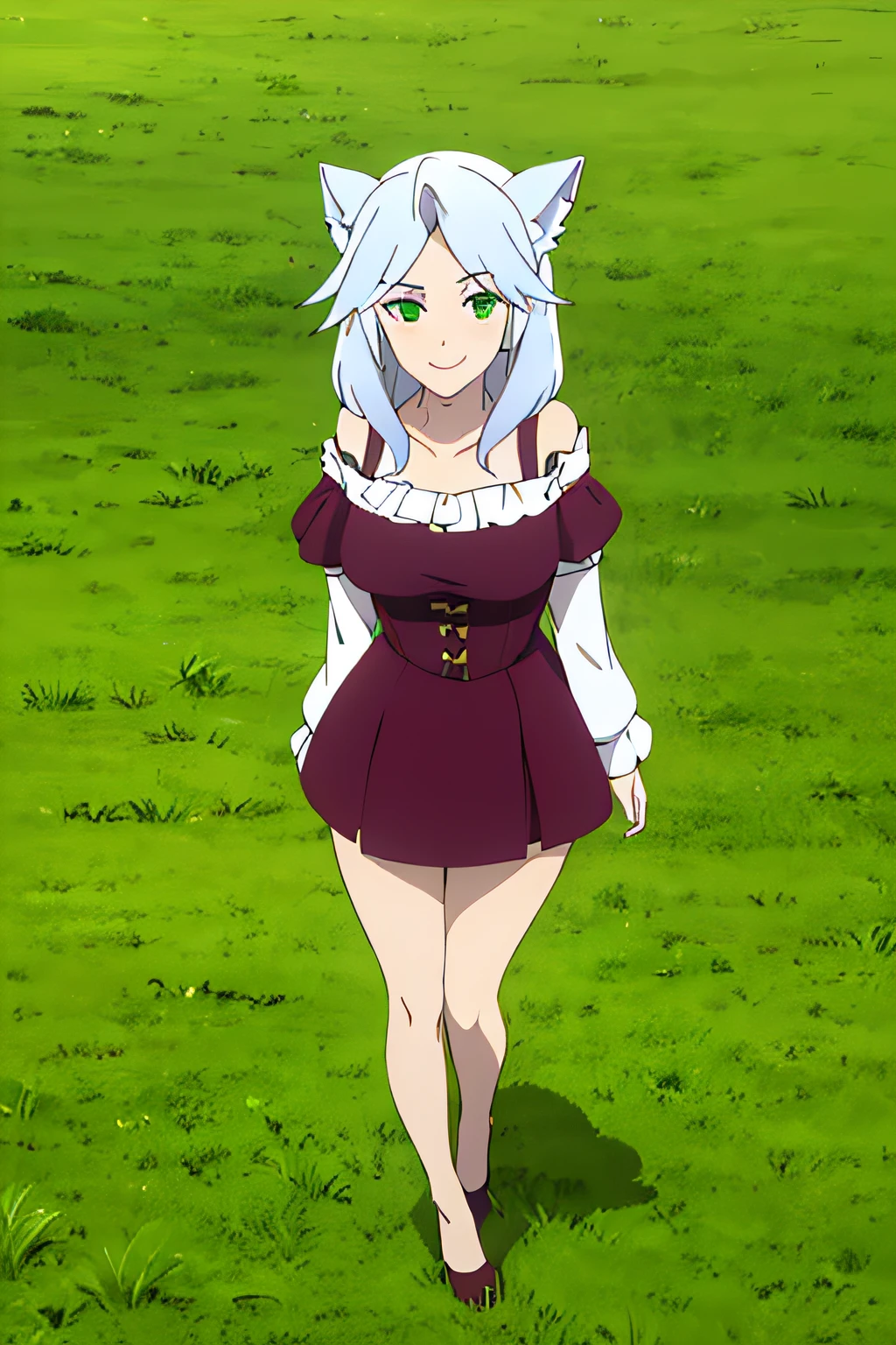 purple dress, long white hair, animal ears, green eyes, woman, solo, full body, facing viewer, looking at viewer, smile,