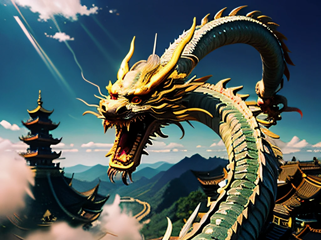 （（Best quality））， （（tmasterpiece））， （Detailed pubic hair），in a panoramic view，Chinese Big Breasts&#39;potential beast，フォトリアリスティック，Mito，chinesedragon，With an antique feel，Biomechanicals， Inhabit the clouds，Chinese architecture，mistic，