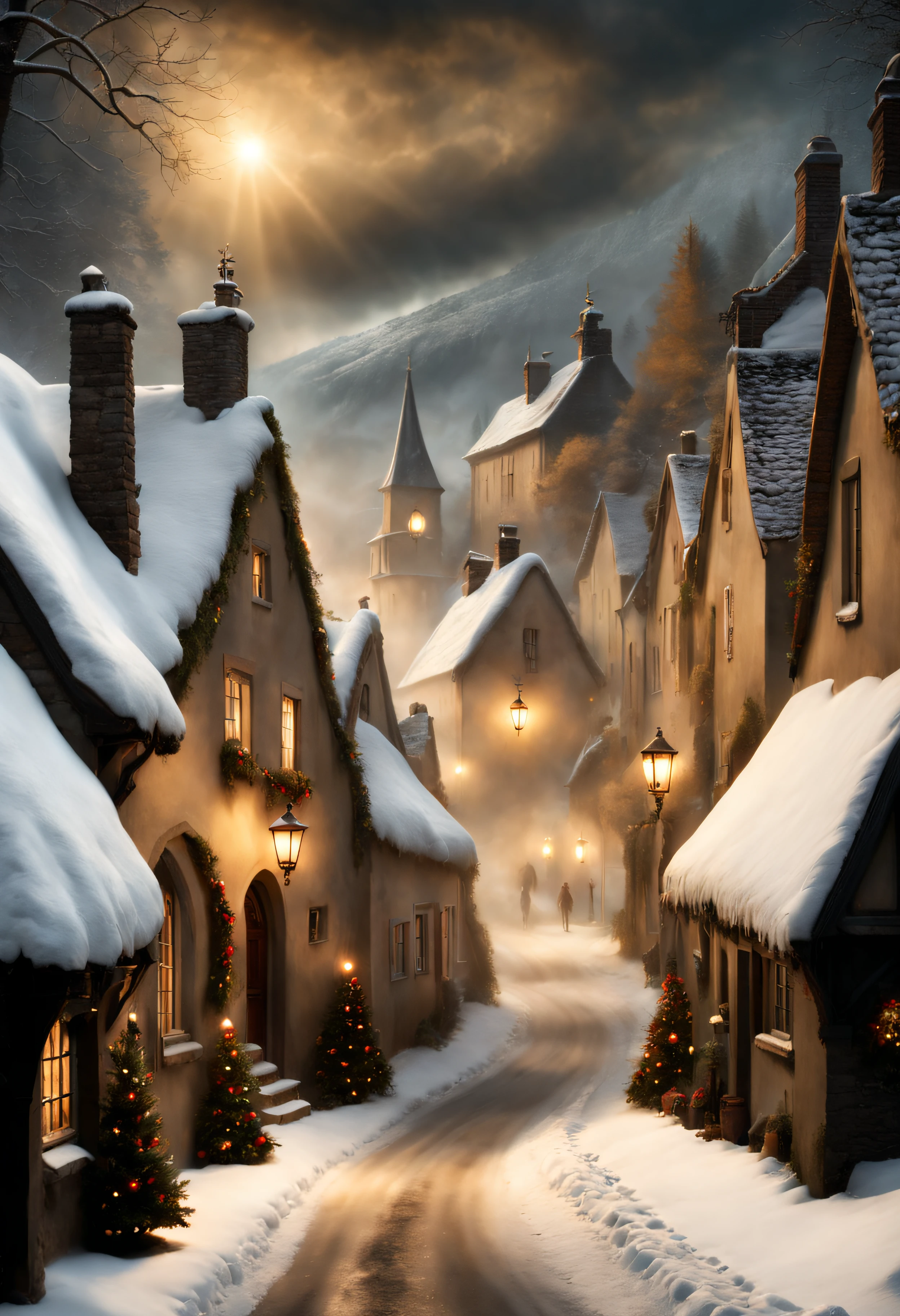 Hyperrealistic christmas landscape photo of a village covered with snow in the ethereal mist, where fairytales come alive, people singing christmas carols, christmas tree:1.2, street lanterns, few houses with illuminated windows, smokey chimneys, Trapped within the echoes of forgotten spells, A. B. Jackson, Alan Lee, vivid colors, snowy sky, sun beams, extremely high-resolution details, photographic, realism pushed to extreme, fine texture, incredibly lifelike, masterpiece, best quality, photograph, dreamlike, face focus, intricate details, sharp focus, photography, photorealism, photorealistic, 8k, soft focus, volumetric light, eldritch, (intricate details), (hyperdetailed), 8k hdr, high detailed, lot of details, high quality, soft cinematic light, dramatic atmosphere, atmospheric perspective, wide