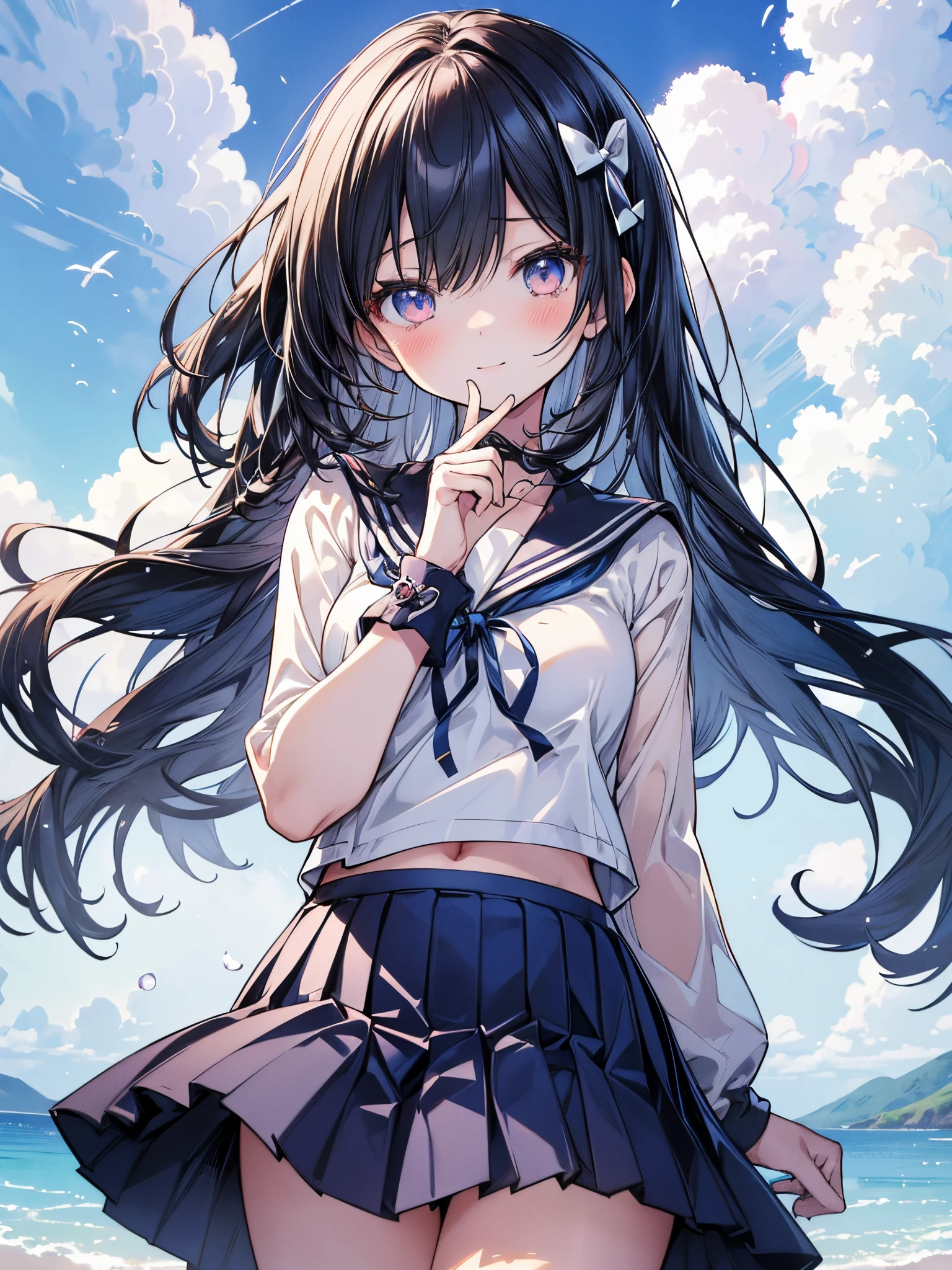 (masutepiece ,Best Quality,Insanely detailed), 1 Cute Pure Girl,Innocent smile,serafuku,Blue collar,Navy pleated skirt,From below,Blue sky,white clouds,Summer sunshine,detailed and beautiful eyes,Twinkle Eyes,Glossy lips,  Perfect Anatomy , Perfect five fingers,Attractive,amazing, Super Fine Age
