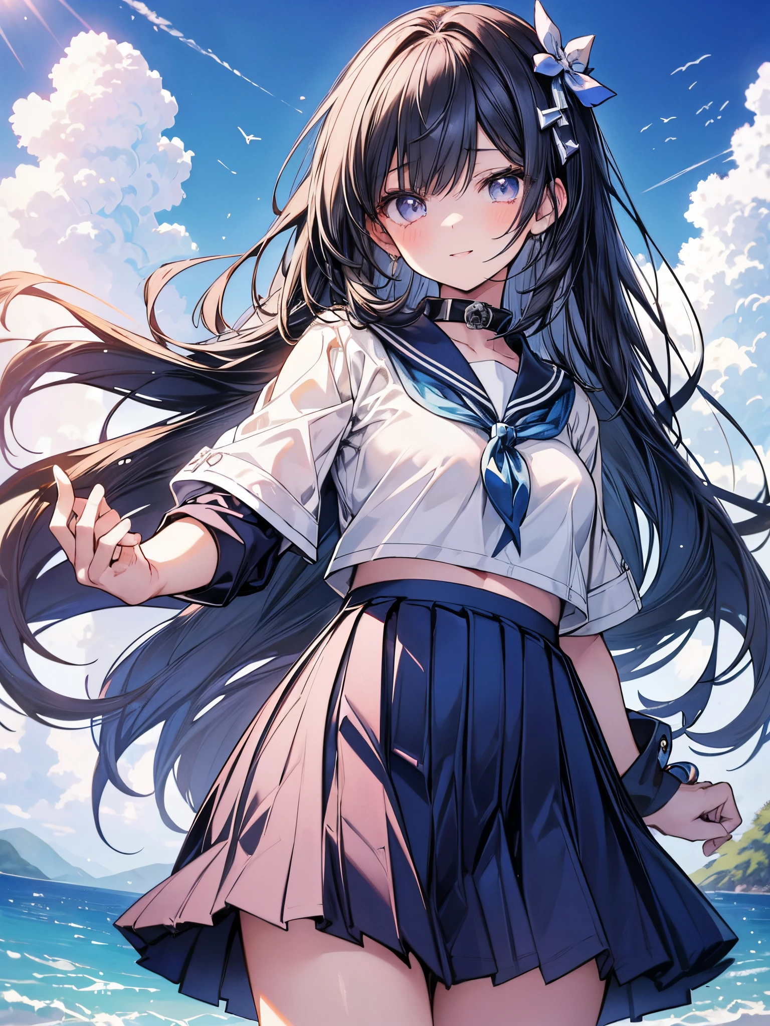 (masutepiece ,Best Quality,Insanely detailed), 1 Cute Pure Girl,Innocent smile,serafuku,Blue collar,Navy pleated skirt,From below,Blue sky,white clouds,Summer sunshine,detailed and beautiful eyes,Twinkle Eyes,Glossy lips,  Perfect Anatomy , Perfect five fingers,Attractive,amazing, Super Fine Age