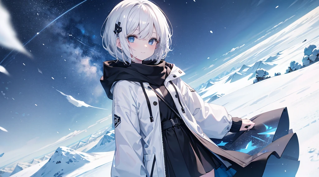 Look at viewers, hands behind back, girl with, 20 years old, Very short hair, long bangs between eyes, pale blue eyes, Skirt , 独奏、White hair、Black eyes、A smile、White skin as clear as snow、Fantastical, Silver hair, Black eyes,  White hoodie,a black skirt,Hair is short,Fine details,snowscape,White muffler,blue open sky