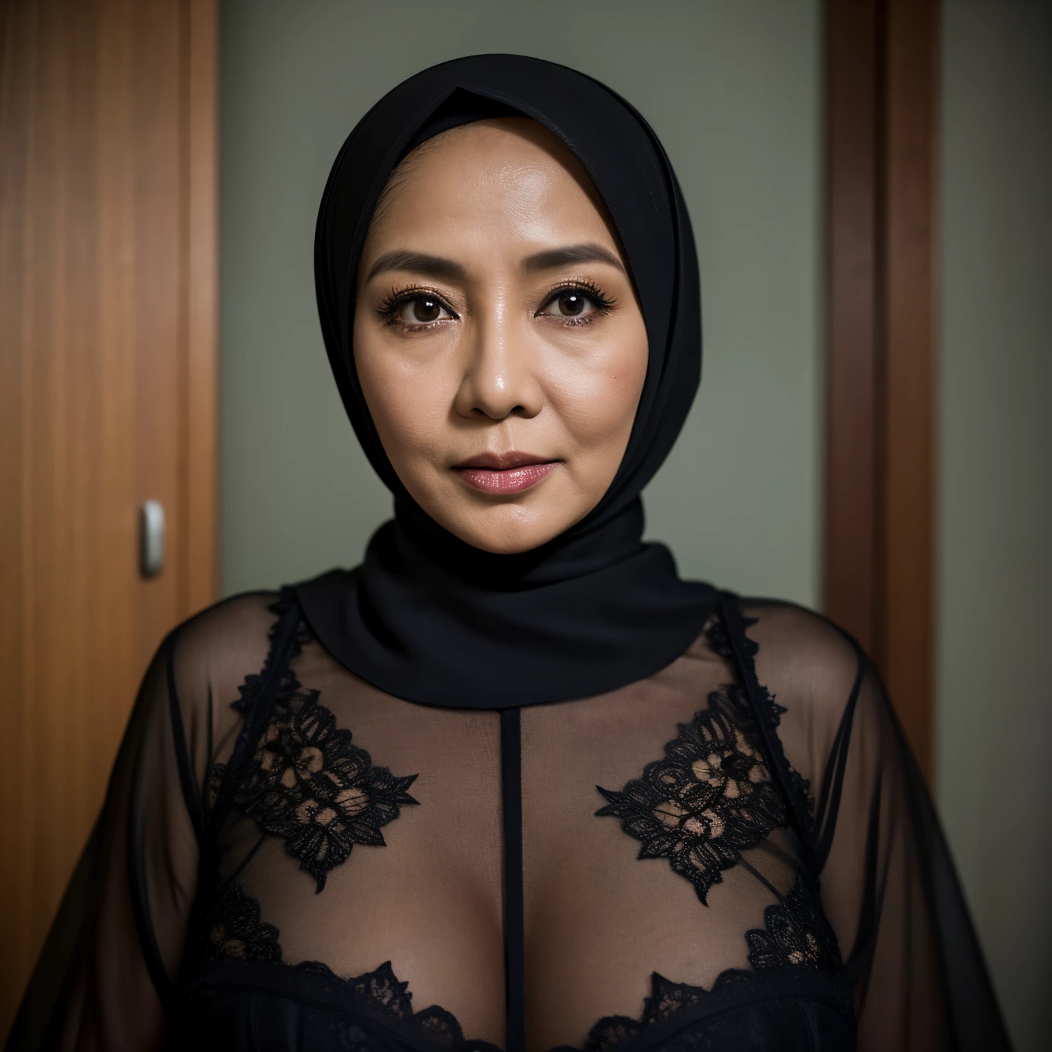 56 Years Old, Hijab Indonesian mature woman, Huge Tits : 76.9, lace Gamis, Breast out, at doctor office, Dark light, at Nighttime