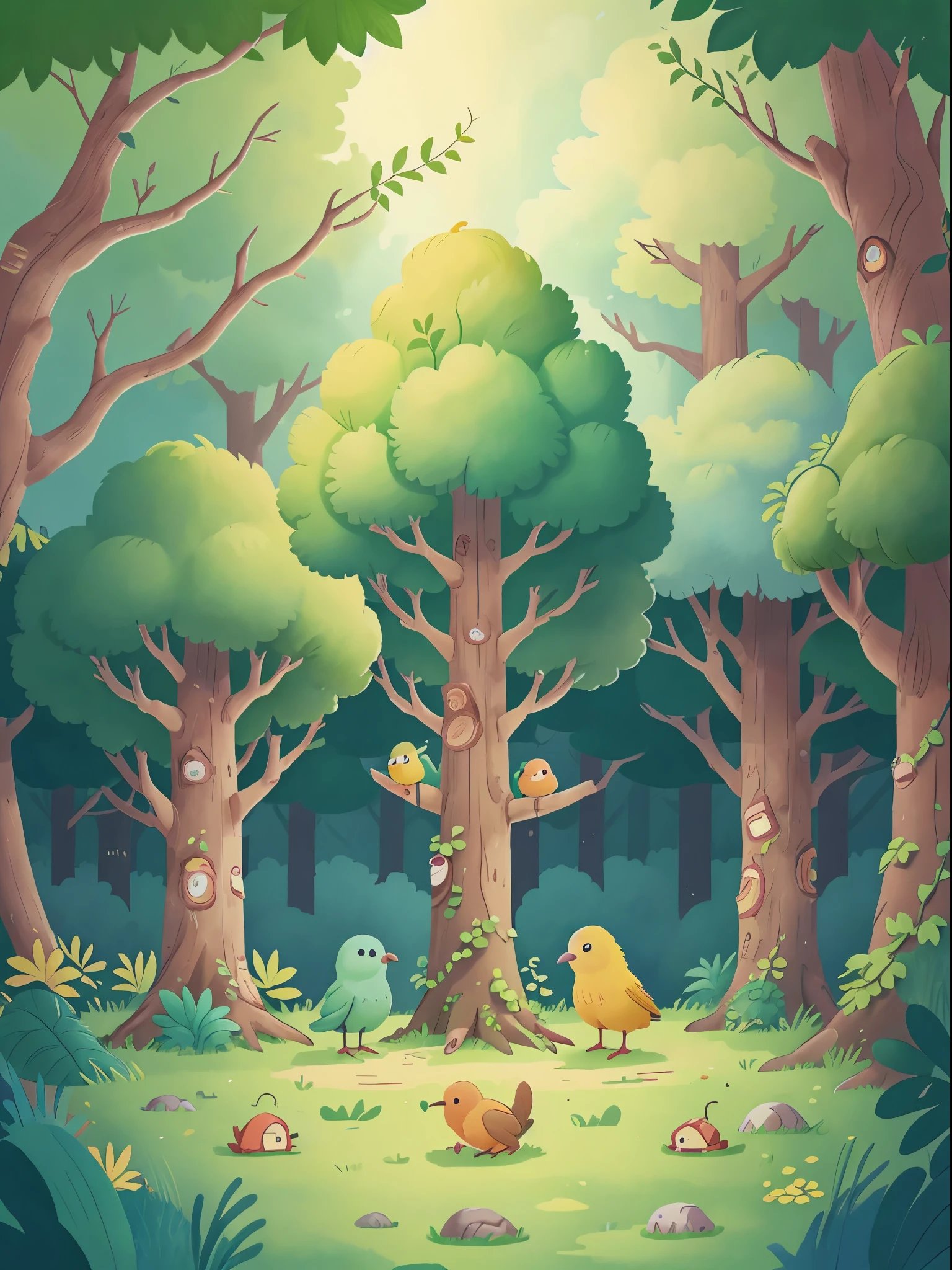 The saplings gradually grow up，branches become denser，attracted many birds，classical animation，Continuous shooting，Cinematic immersion，Sense of story，coloring book,Picture book stories,High saturation color,colorful illustrations，publication，（No children！！！）