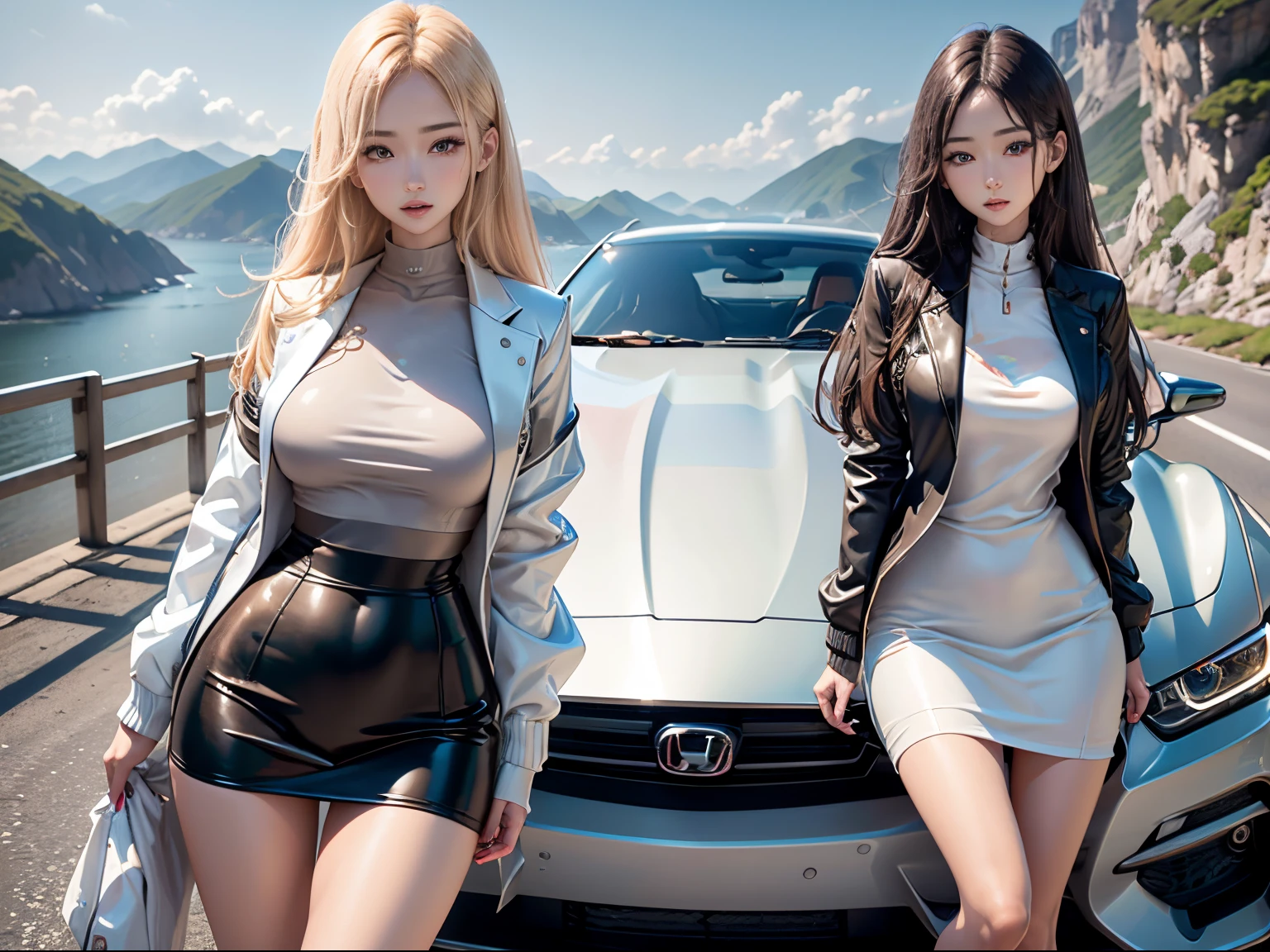 1womanl、Slender woman、sports jacket、Competition between beautiful women and sports cars、超A high resolution、An ultra-high picture quality、8K、Wonderful expression with attention to detail、early summer coastline、A pure white sports car stopped at a mountain pass.nissan fairladyZ 3000ZR Sports Coupe