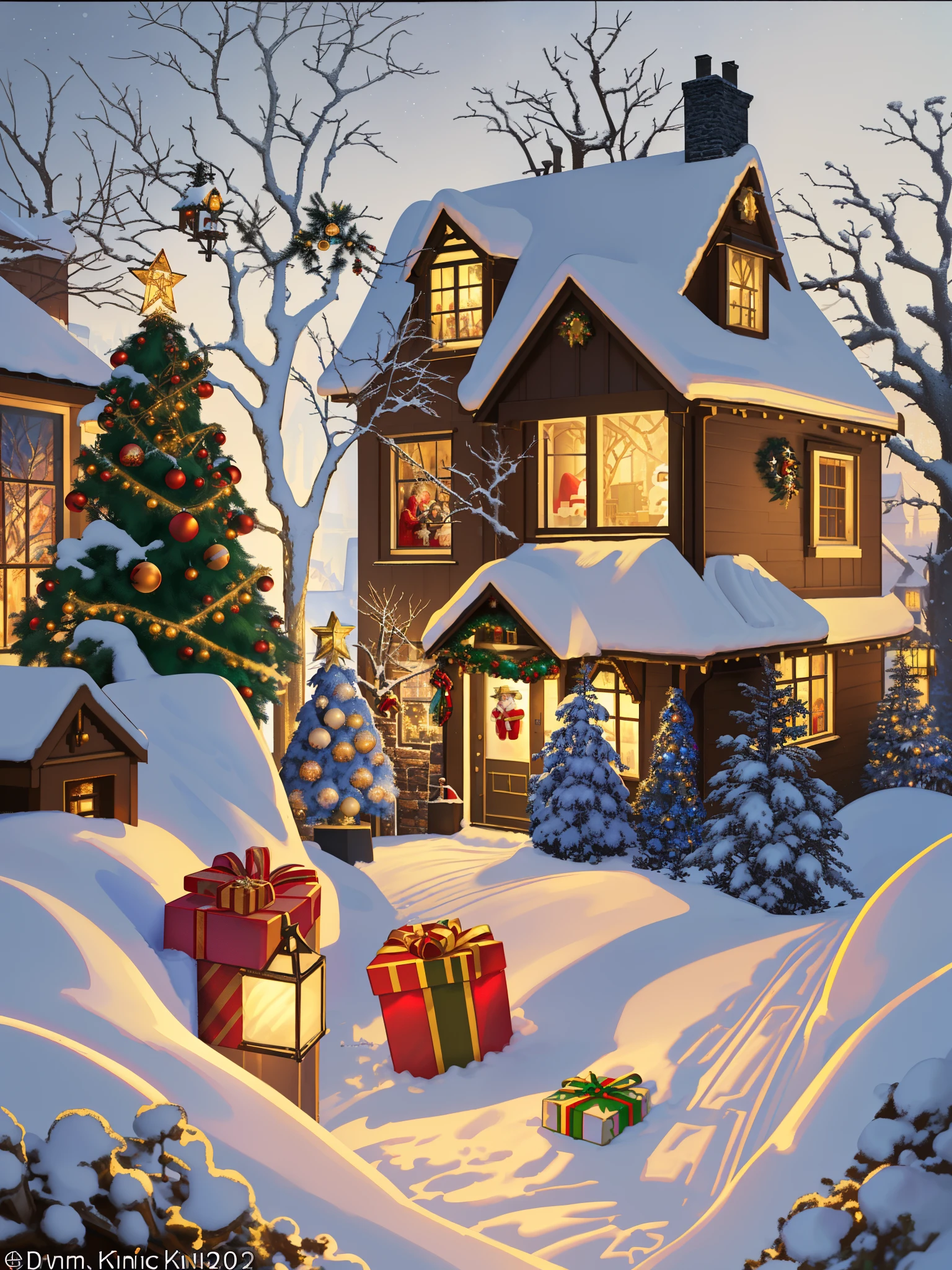 Scene of Christmas with a box with letters and a story of Christmas in black, Art traditionnel, The Christmas Eve in Winter, new years eve, ( ( Thomas Kinkade ) ), Vacances, (((Thomas Kinkade))), Contexte de la maison, very realistic, !!beau!!, Thomas Kinkade CFG _ Echelle 9, HQ very detailed, beautiful artwork, immaculately detailed