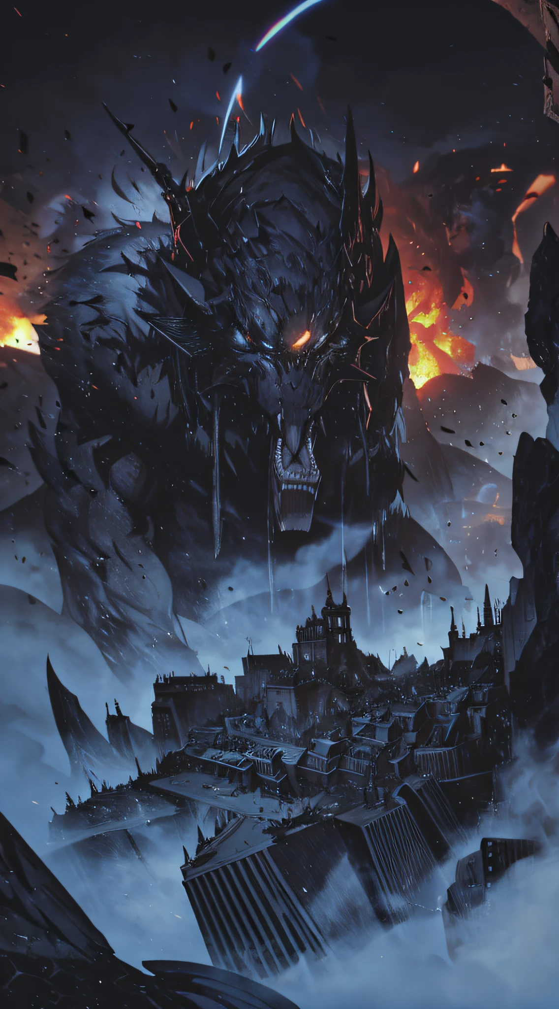 top-quality、Top image quality、masterpiece、creature((black body line、Huge mouth、countless black tentacles、Huge black wings,rampage、mid air)),hiquality、Beautiful Art、Background with(( Burning City、collapsed building explosion explosion flight、Combat Tank Station Parts Station)),masutepiece、depth of fields,Cinematic style