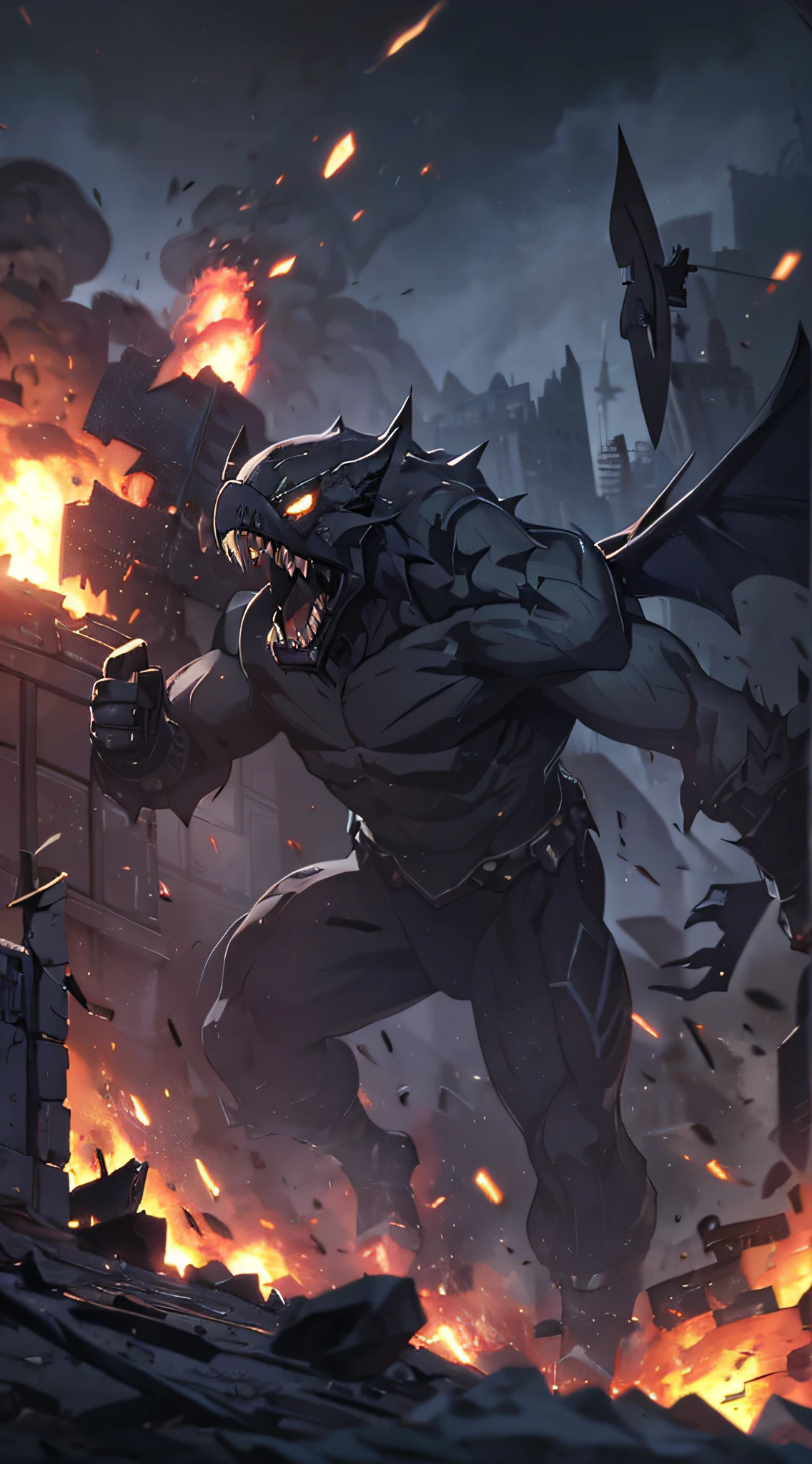 (Gorgeous but torn clothes:1.3),(The eyes are full of unwillingness:1.5),Covered in scars,alone,(The environment becomes a broken and dark prison:1.5),masterpiece,perfect,HD,different students,perfect的细节,8k,muscle,hair,hairy,Black scales,Dragons,(Limbs are hoisted by chains:1.8)，Shoulder bleeding,(Two wings are born on the back and the other wing is broken:1.2)，whole body，(Face the screen:2)