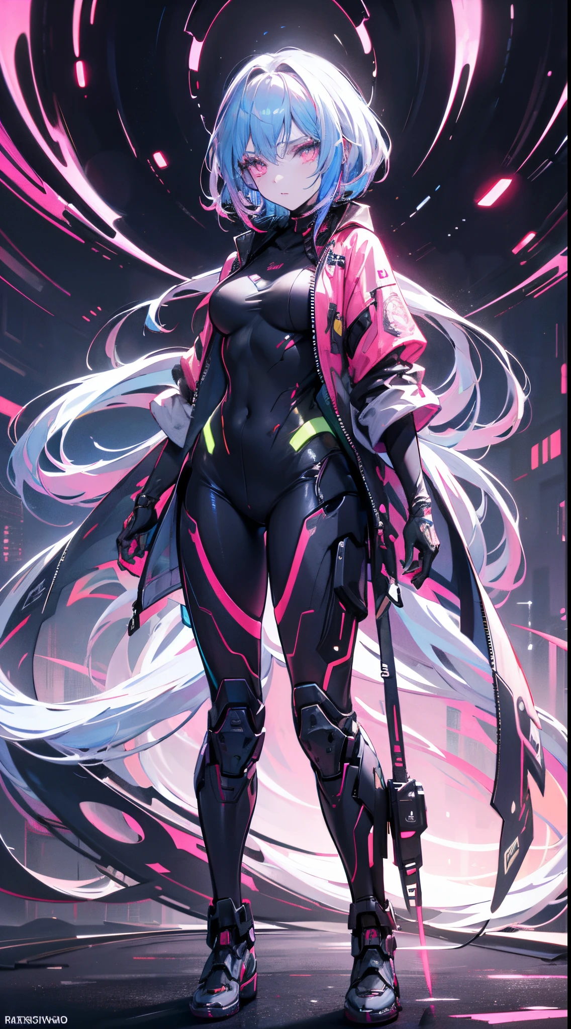 glowing eyes, colourful glowing hair, wearing sci-fi jacket, anime style, high detail, Futurism, glowing light, UHD, retina, masterpiece, ccurate, anatomically correct, textured skin, super detail, high details, high quality, award winning, best quality, highres