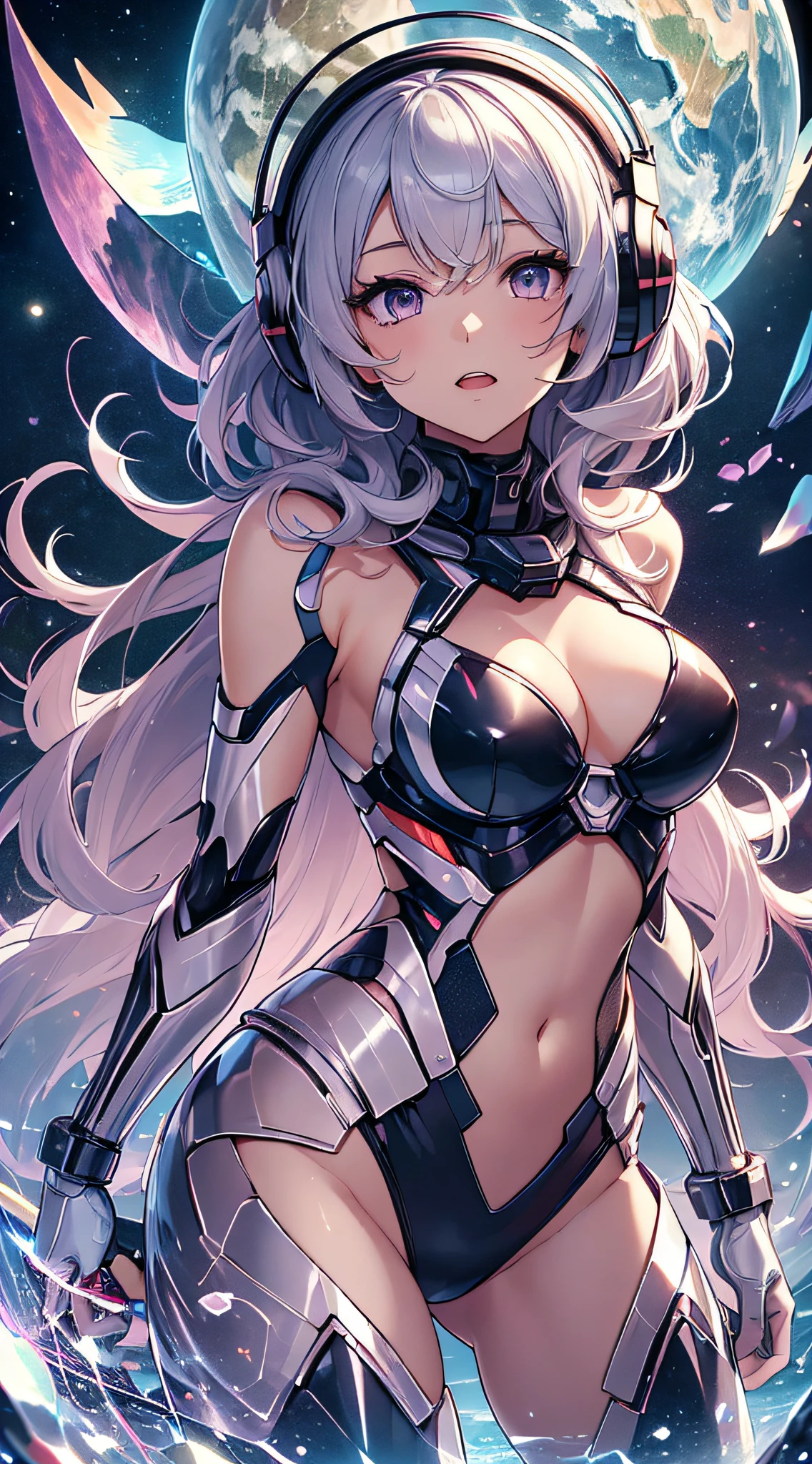top-quality、Top image quality、masterpiece、girl with((silver mecha suit、Shining gold mech suit、18year old、 Ager、cute little、Best Bust、big bast,Beautifully shining purple eyes open wide, cosmic hair、Longhaire、A slender,big moves in volleyball,headphones in your arms、Niō Standing)),hiquality、Beautiful Art、Background with((A world of shining galaxies)))、Depth((UFO,planet earth)),masutepiece、depth of fields,Cinematic style