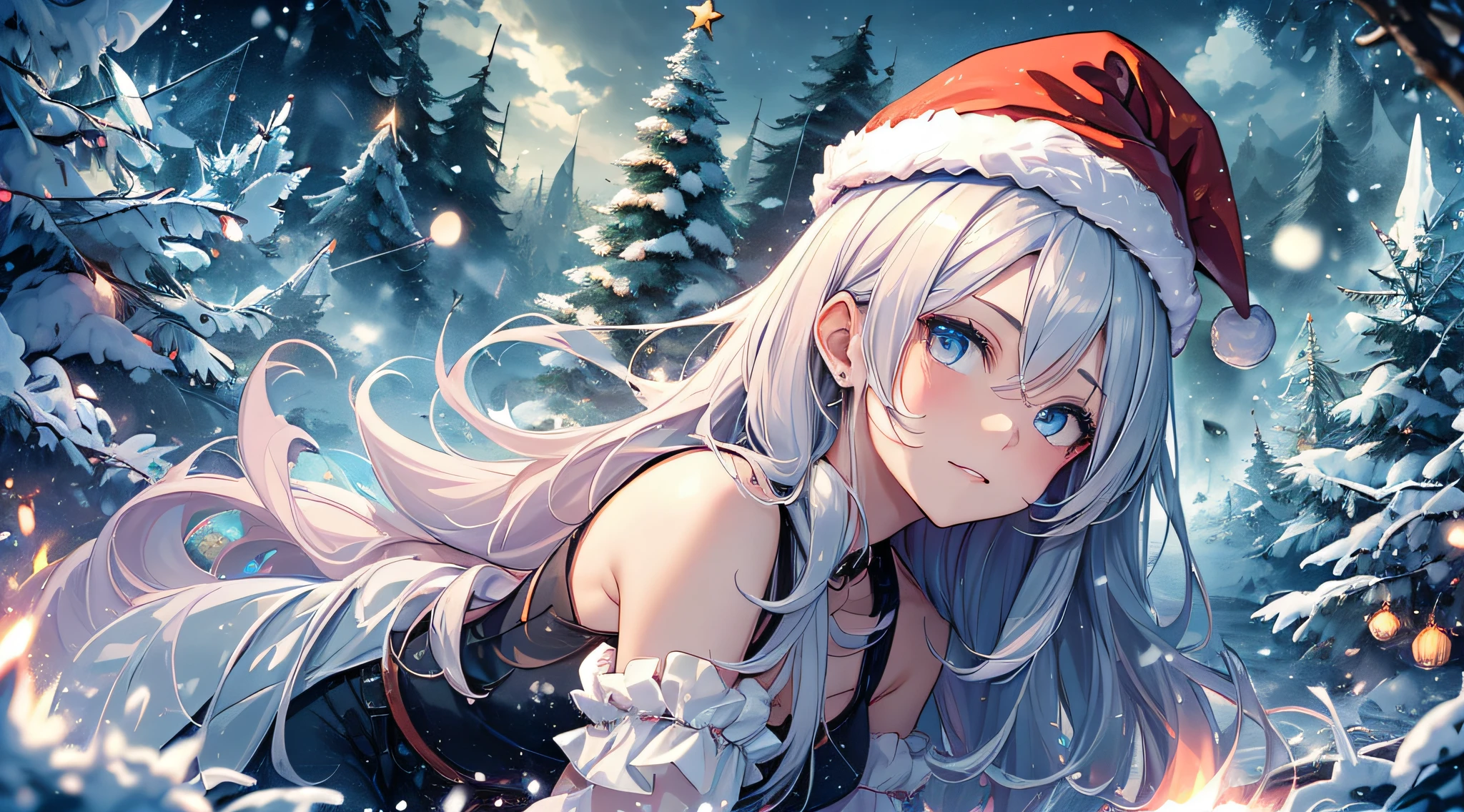 top-quality、Top image quality、masterpiece、teens girl((Long coat in black、Blue tank top、black trousers、Santa's Hat、18year old、 Ager、Best Bust、big bast,Beautiful light blue eyes, Long silver hair、A slender,Large valleys、dye one's cheeks red、White breath、Reflecting the whole body、dye one's cheeks red、A slight smil、Gentle face、Put your arms behind your back、Shining eyes、Leaning forward)),hiquality、Beautiful Art、Background with(( A quiet city at night、Beautiful road、snowflakes falling、Heavy snow falls、snowman、 A world where snow piles up、Christmas tree、)))、masutepiece、depth of fields,