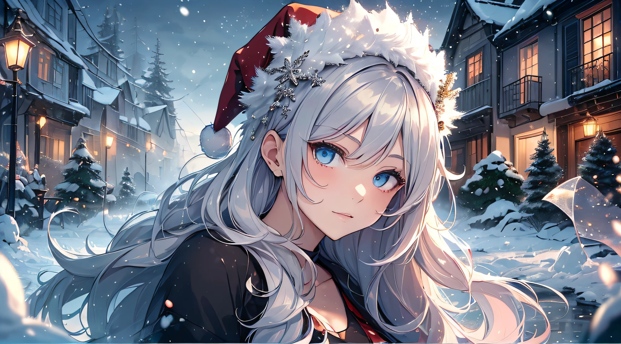 top-quality、Top image quality、masterpiece、teens girl((Long coat in black、Blue tank top、black trousers、Santa's Hat、18year old、 Ager、Best Bust、big bast,Beautiful light blue eyes, Long silver hair、A slender,Large valleys、dye one's cheeks red、White breath、Reflecting the whole body、dye one's cheeks red、A slight smil、Gentle face、Put your arms behind your back、Shining eyes、Leaning forward)),hiquality、Beautiful Art、Background with(( A quiet city at night、Beautiful road、snowflakes falling、Heavy snow falls、snowman、 A world where snow piles up、Christmas tree、)))、masutepiece、depth of fields,