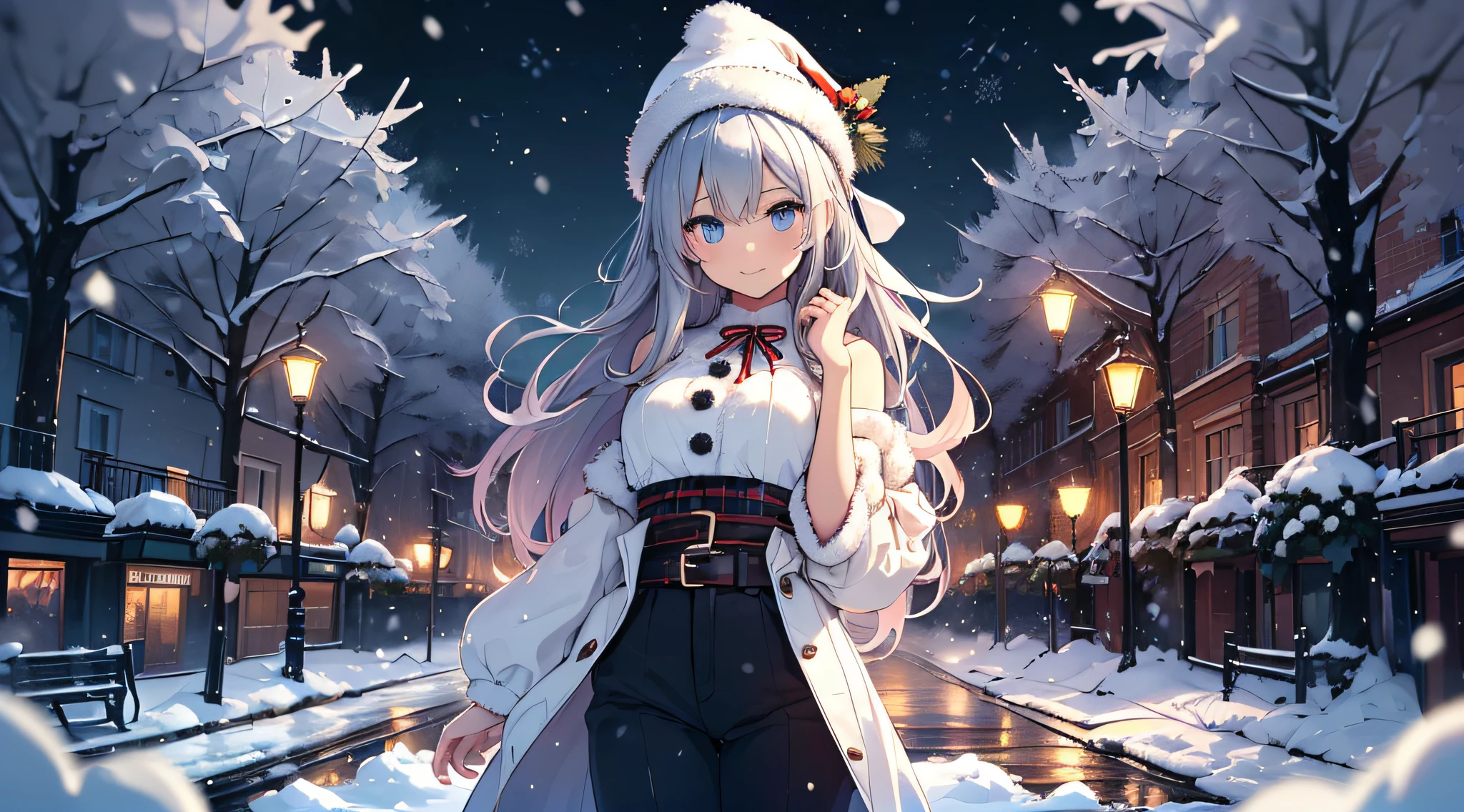 top-quality、Top image quality、​masterpiece、s girl((Long coat in black、Blue tank top、black trousers、Santa's Hat、18year old、 Ager、Best Bust、big bast,Beautiful light blue eyes, Long silver hair、A slender,Large valleys、dye one's cheeks red、White breath、Reflecting the whole body、dye one's cheeks red、A slight smil、Gentle face、Put your arms behind your back、Shining eyes、Leaning forward)),hiquality、Beautiful Art、Background with(( A quiet city at night、Beautiful road、snowflakes falling、Heavy snow falls、snowman、 A world where snow piles up、Christmas tree、)))、masutepiece、depth of fields,