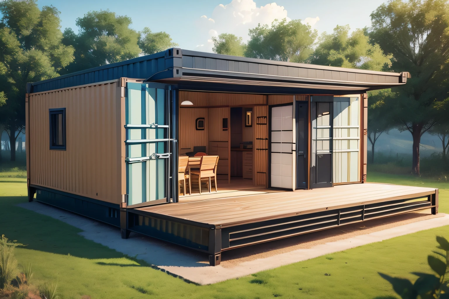 container house that folds by the side. The entrance  in front and it has a small window. 40ft wide container. cozy home, well equipped with aplliances. countryside background