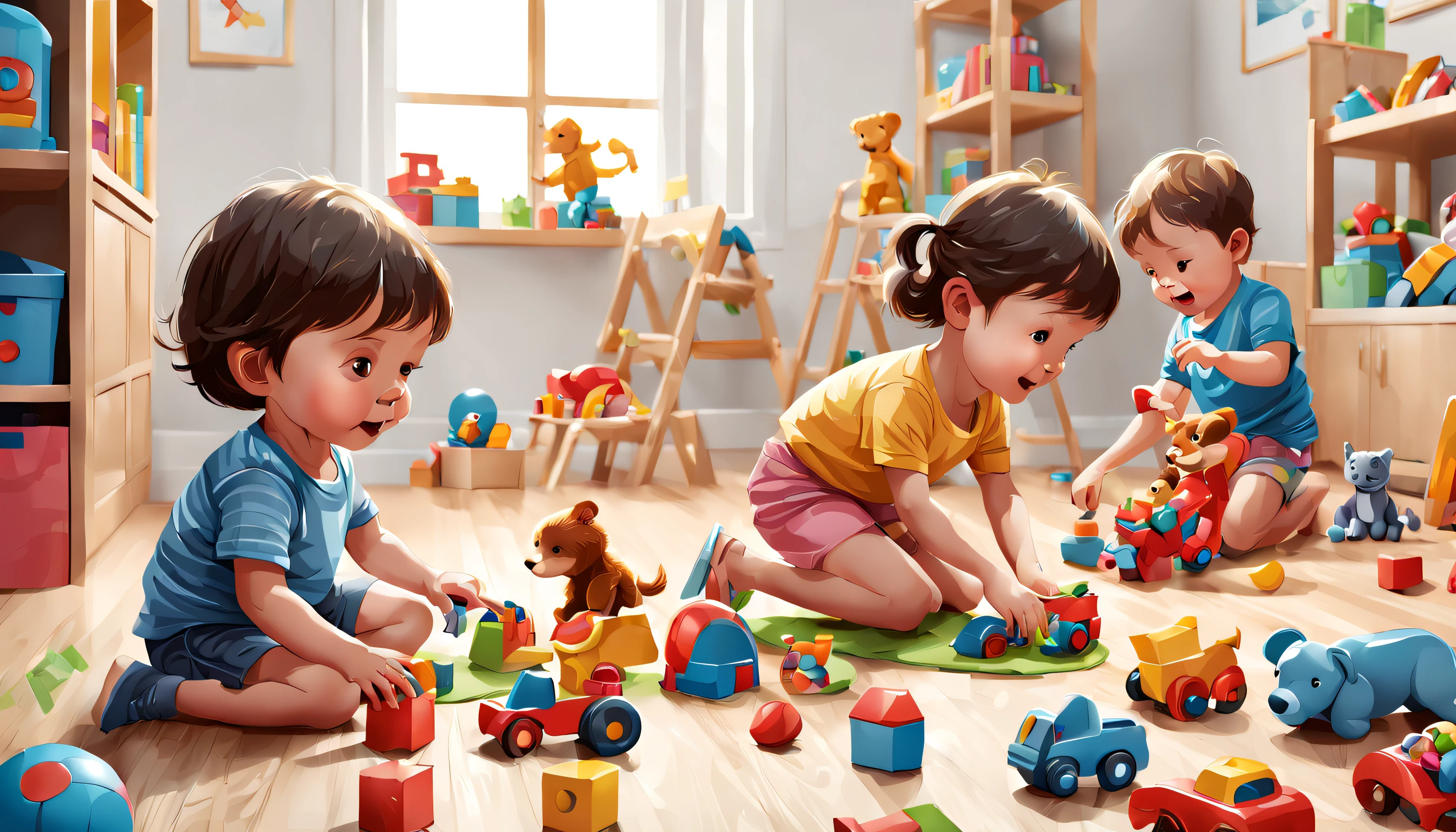 Kinder spielen mit Spielzeug, Farbenfrohes Design, Detaillierte Abbildungen, Hohe Detailgenauigkeit