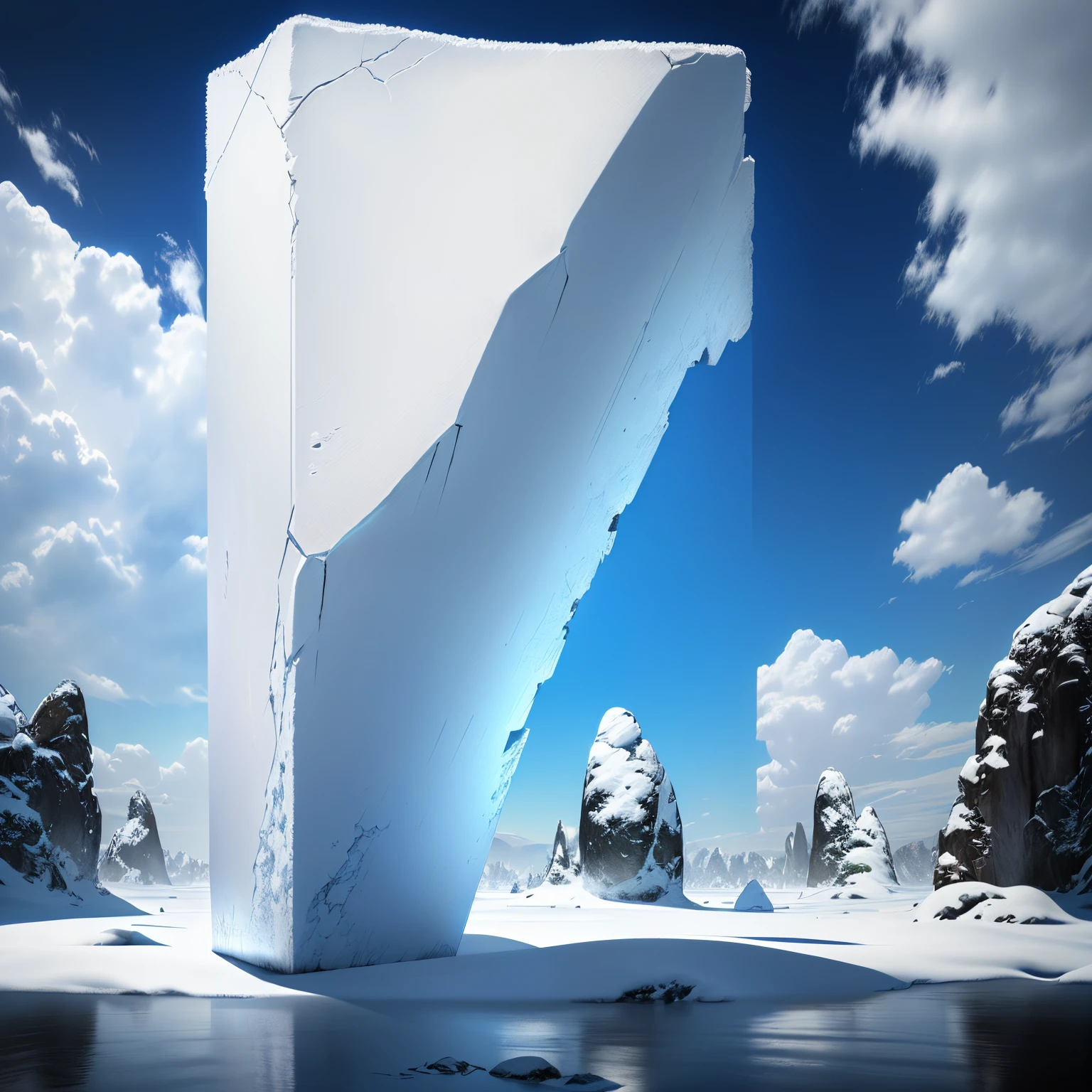 There a white box on a base on a blue background, Background with(Hard), large vertical white space, on gray background, non-illuminated background, Background white and blank, Create a thin overall, no background and shadows, background whites, Blank background, giant rocks, Round and back, No text, movie poster with no text