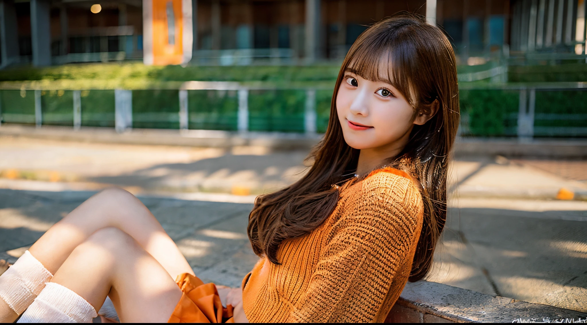 Cute high school girl, 18 years old, wearing a orange miniskirt