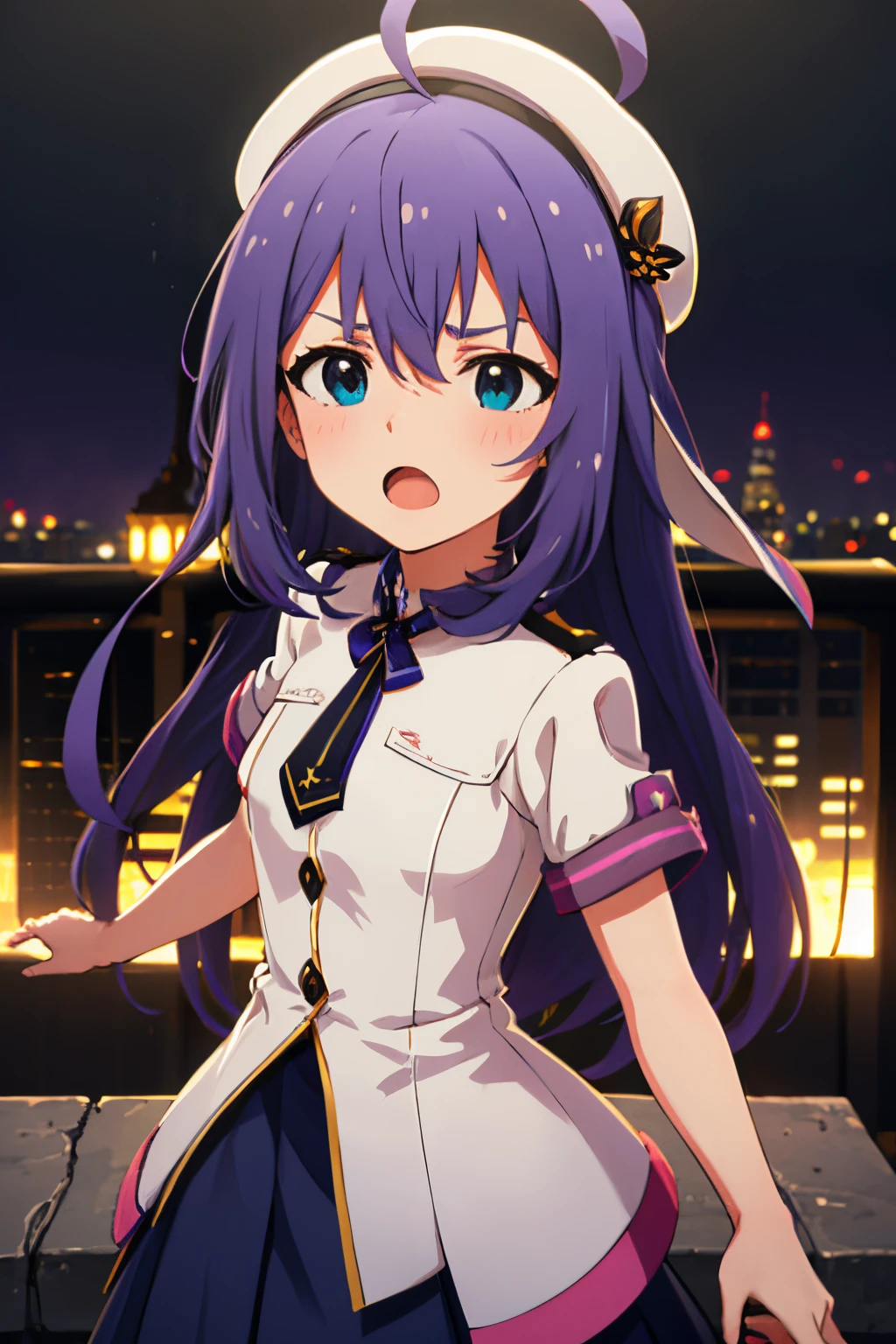 {{{{{mochizuki anna}}}}},1girl,solo,long hair,purple hair,small_ahoge,blue eyes.short stature.student clothes.skirt.beret.(((masterpiece))).(((best quality))).((ultra-detailed))).(((illustration))).night view.small Breasts.fighting stance.Sad face.open mouth