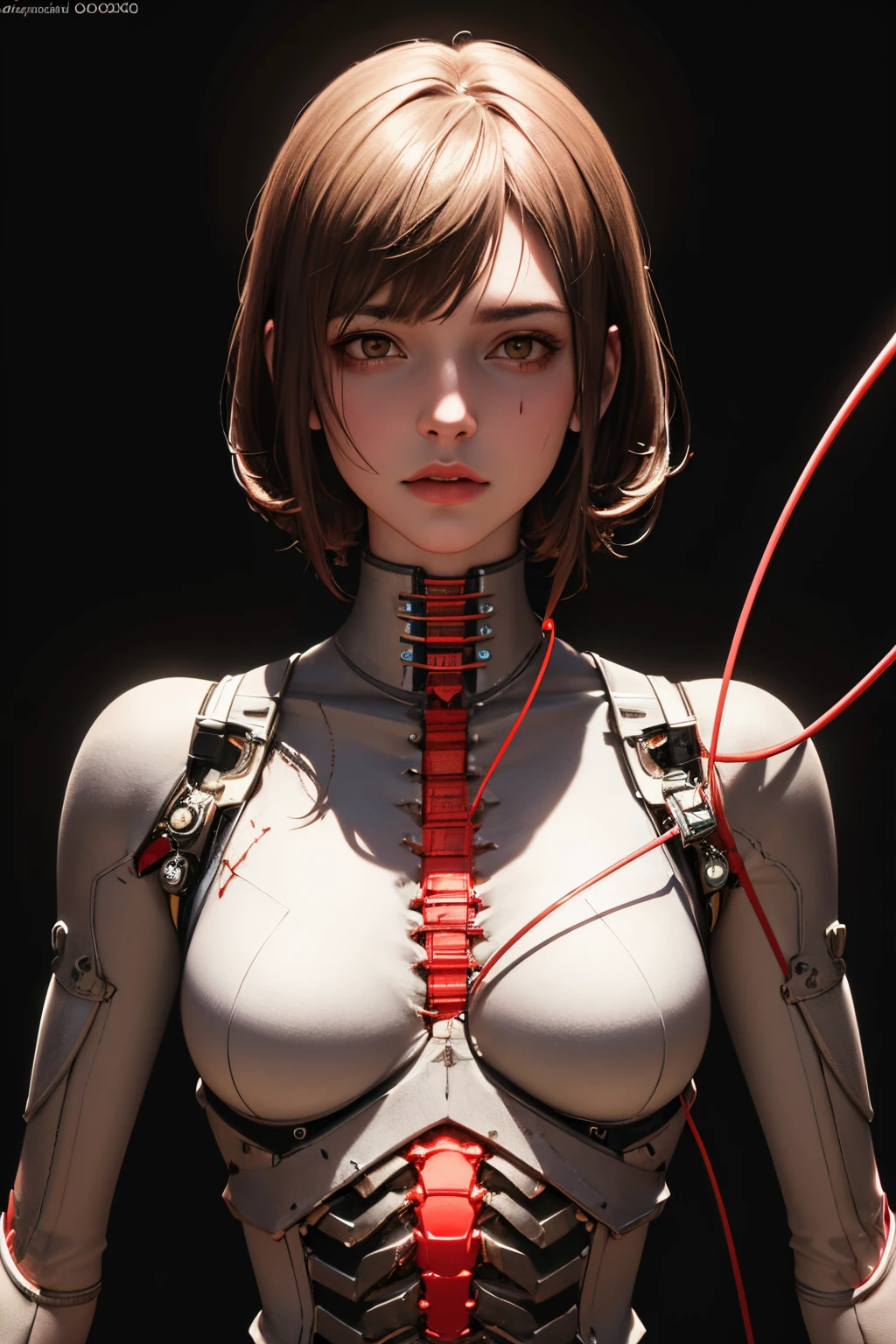 1mechanical girl,((ultra realistic details)), portrait, global illumination, shadows, octane render, 8k, ultra sharp,metal,intricate, ornaments detailed, cold colors, egypician detail, highly intricate details, realistic light, trending on cgsociety, glowing eyes, facing camera, neon details, machanical limbs,blood vessels connected to tubes,mechanical vertebra attaching to back,mechanical cervial attaching to neck,sitting,wires and cables connecting to head