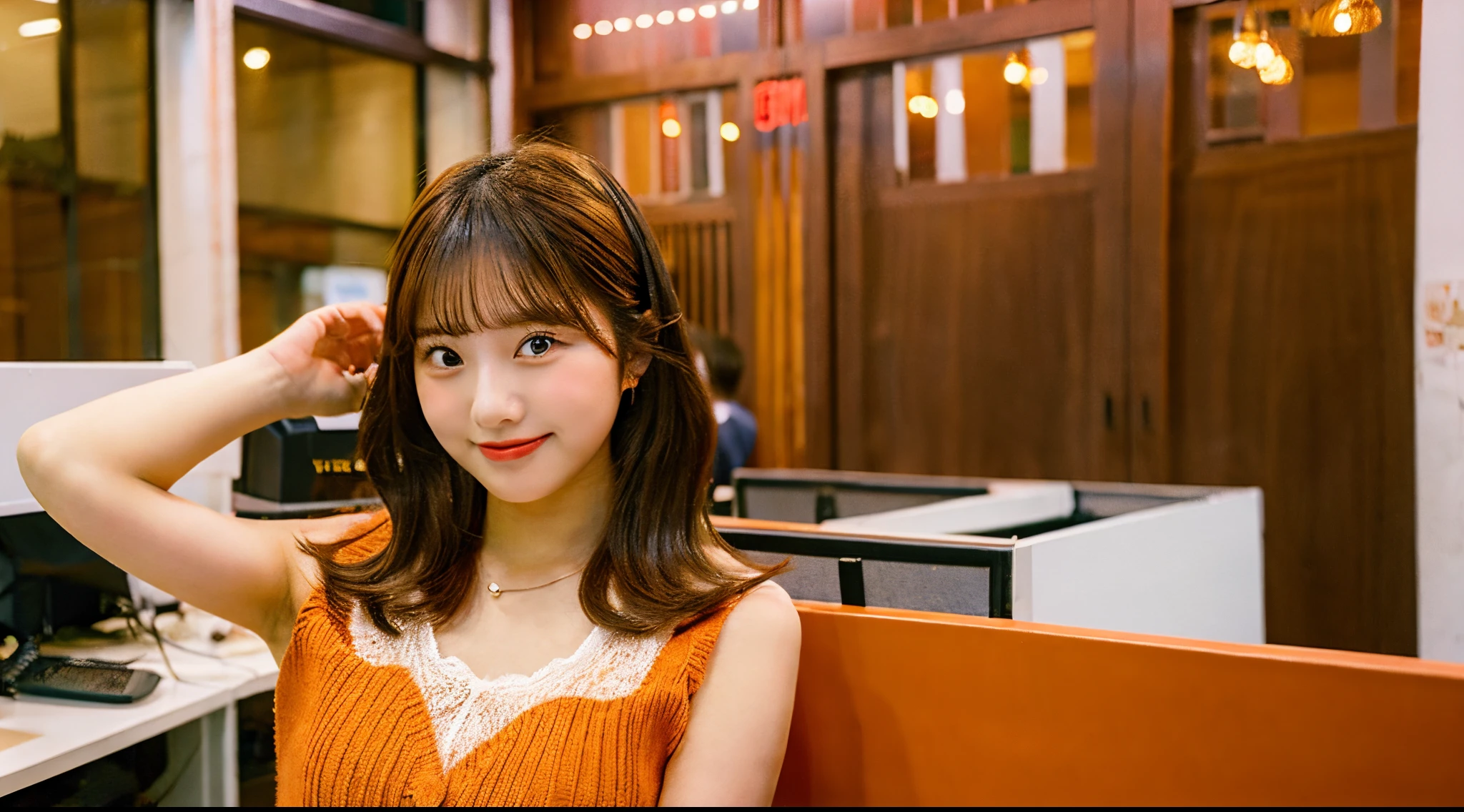 A cute 18-year-old office lady wearing a tangerine-colored miniskirt