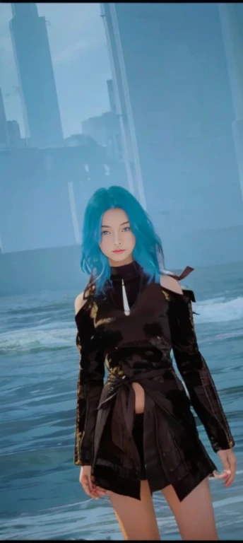1girl in, (age19), Solo, Japanese ido、Long hair, Colossal tits, Looking at Viewer, long messy windy brown hair, eyes are brown, Bare shoulders, jewely, Full body, a necklace, off shoulders, Sweaters, Realistic, A sexy