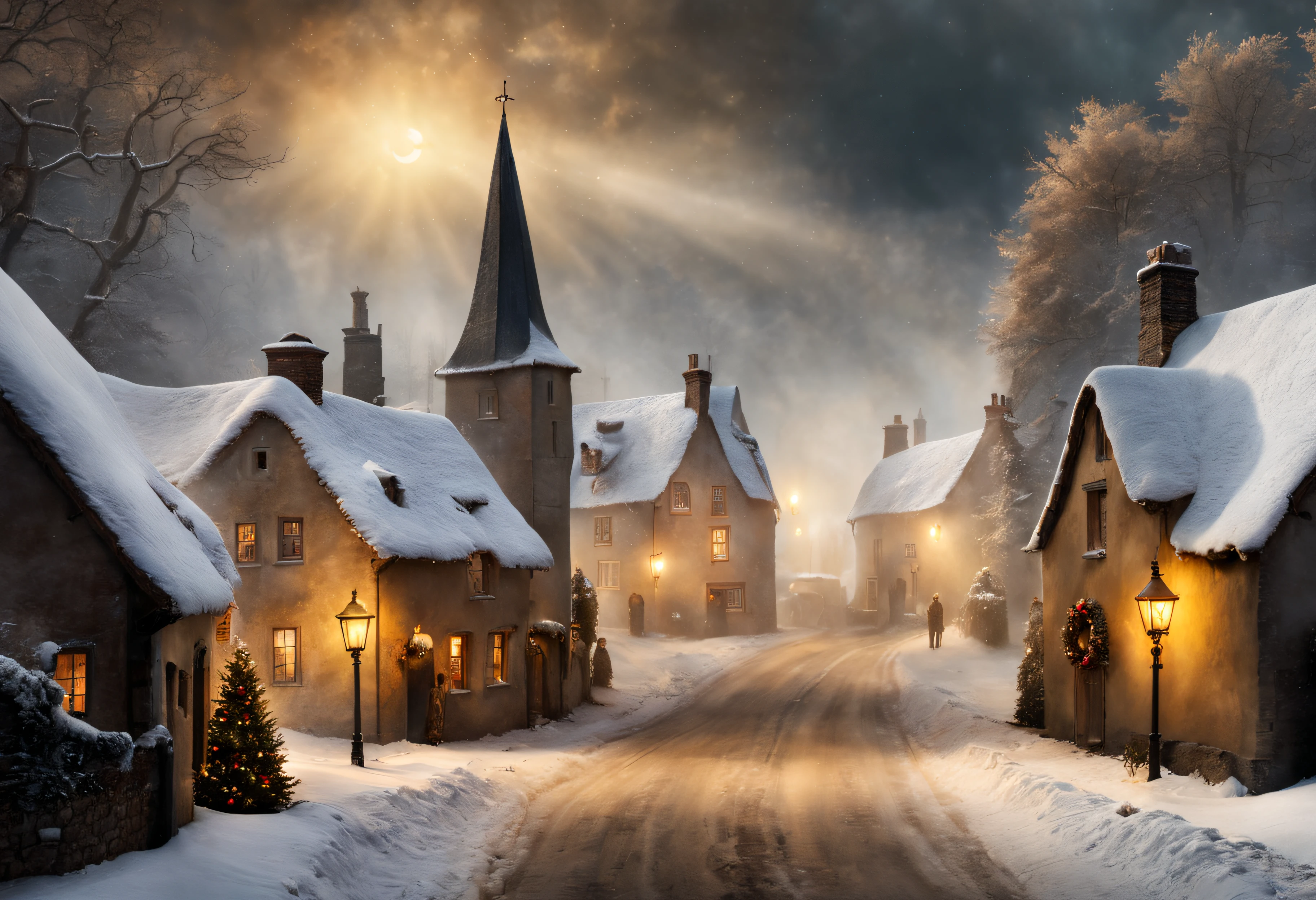 Hyperrealistic christmas landscape photo of a village covered with snow in the ethereal mist, where fairytales come alive, ((people)) singing christmas carols, christmas tree:1.2, street lanterns, few houses with illuminated windows, smokey chimneys, Trapped within the echoes of forgotten spells, A. B. Jackson, Alan Lee, vivid colors, snowy sky, sun beams, extremely high-resolution details, photographic, realism pushed to extreme, fine texture, incredibly lifelike, masterpiece, best quality, photograph, dreamlike, face focus, intricate details, sharp focus, photography, photorealism, photorealistic, 8k, soft focus, volumetric light, eldritch, (intricate details), (hyperdetailed), 8k hdr, high detailed, lot of details, high quality, soft cinematic light, dramatic atmosphere, atmospheric perspective, wide