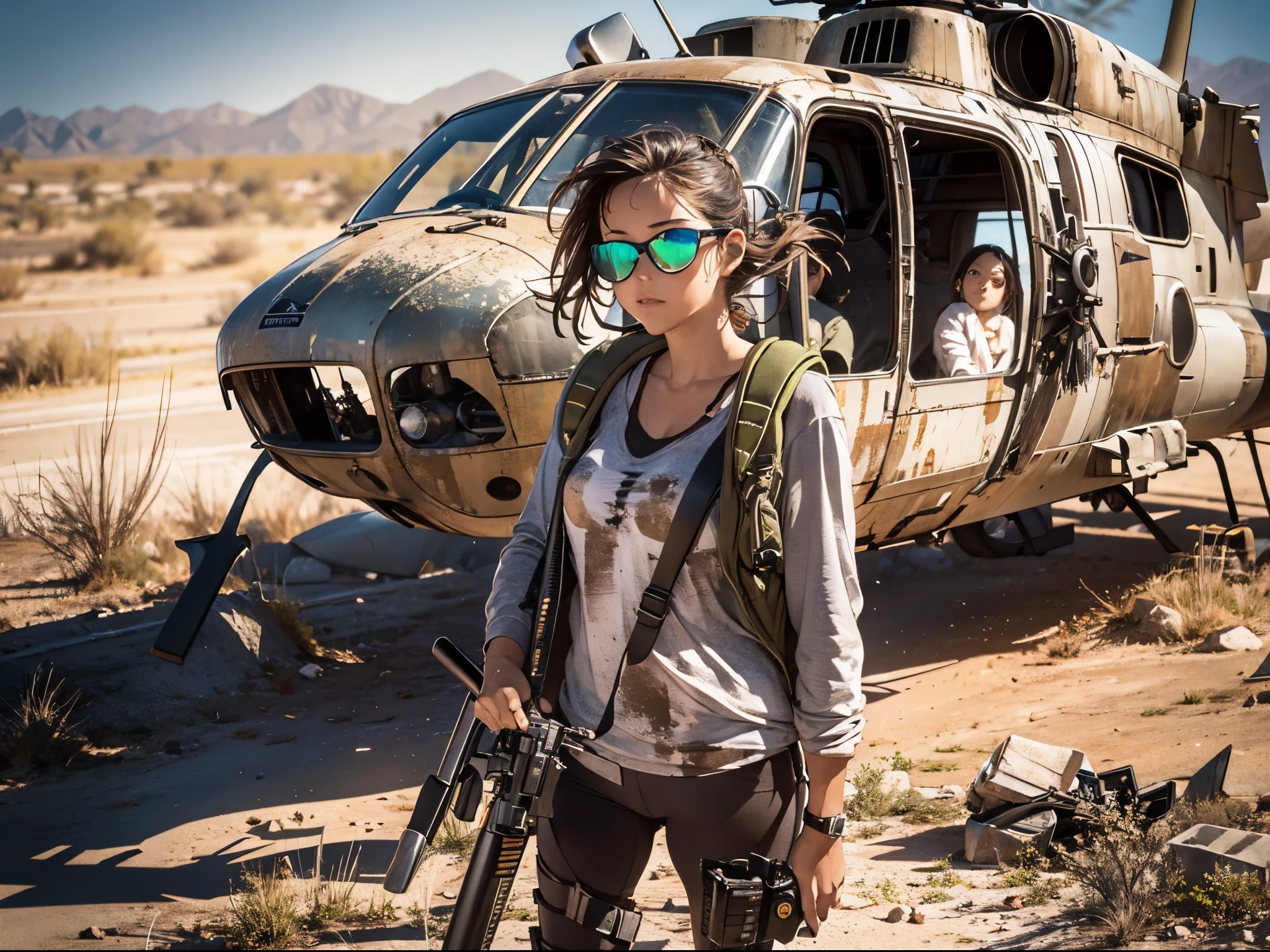 1girl, young, scavenger, wandering alone, a desert full of old machinery (destroyed huey helicopter), face covered, motorcycle glasses, long sleeves, walking stick, backpack, sawed-off shotgun in the back. (post-apocalyptic background), scorching sun. Medium close, bokeh, overexposed lighting, tilted angle, from below.