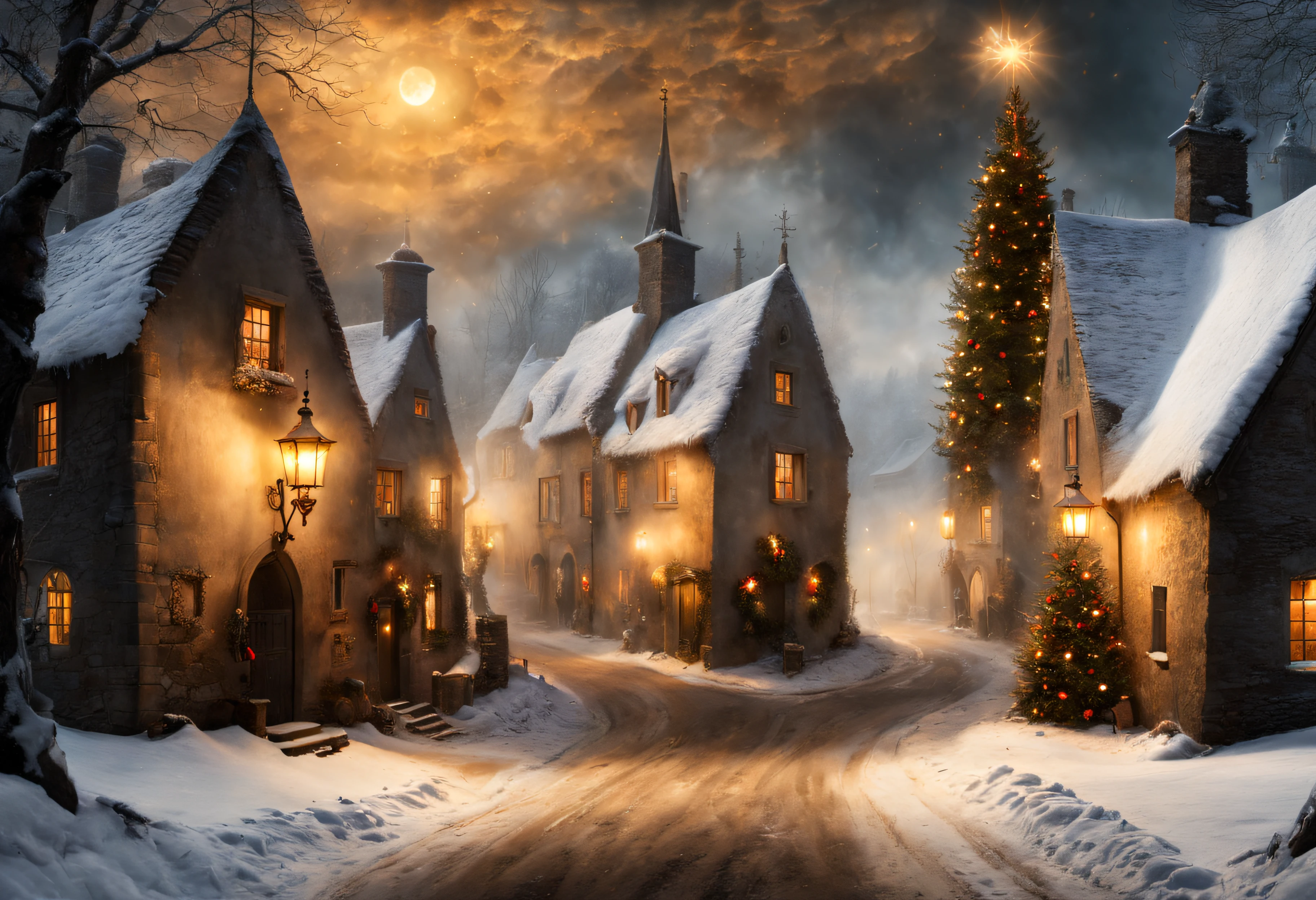 Hyperrealistic christmas landscape photo of a village covered with snow in the ethereal mist, where fairytales come alive, ((people)) singing christmas carols, christmas tree:1.2, street lanterns, few houses with illuminated windows, smokey chimneys, Trapped within the echoes of forgotten spells, A. B. Jackson, Alan Lee, vivid colors, snowy sky, sun beams, extremely high-resolution details, photographic, realism pushed to extreme, fine texture, incredibly lifelike, masterpiece, best quality, photograph, dreamlike, face focus, intricate details, sharp focus, photography, photorealism, photorealistic, 8k, soft focus, volumetric light, eldritch, (intricate details), (hyperdetailed), 8k hdr, high detailed, lot of details, high quality, soft cinematic light, dramatic atmosphere, atmospheric perspective, wide